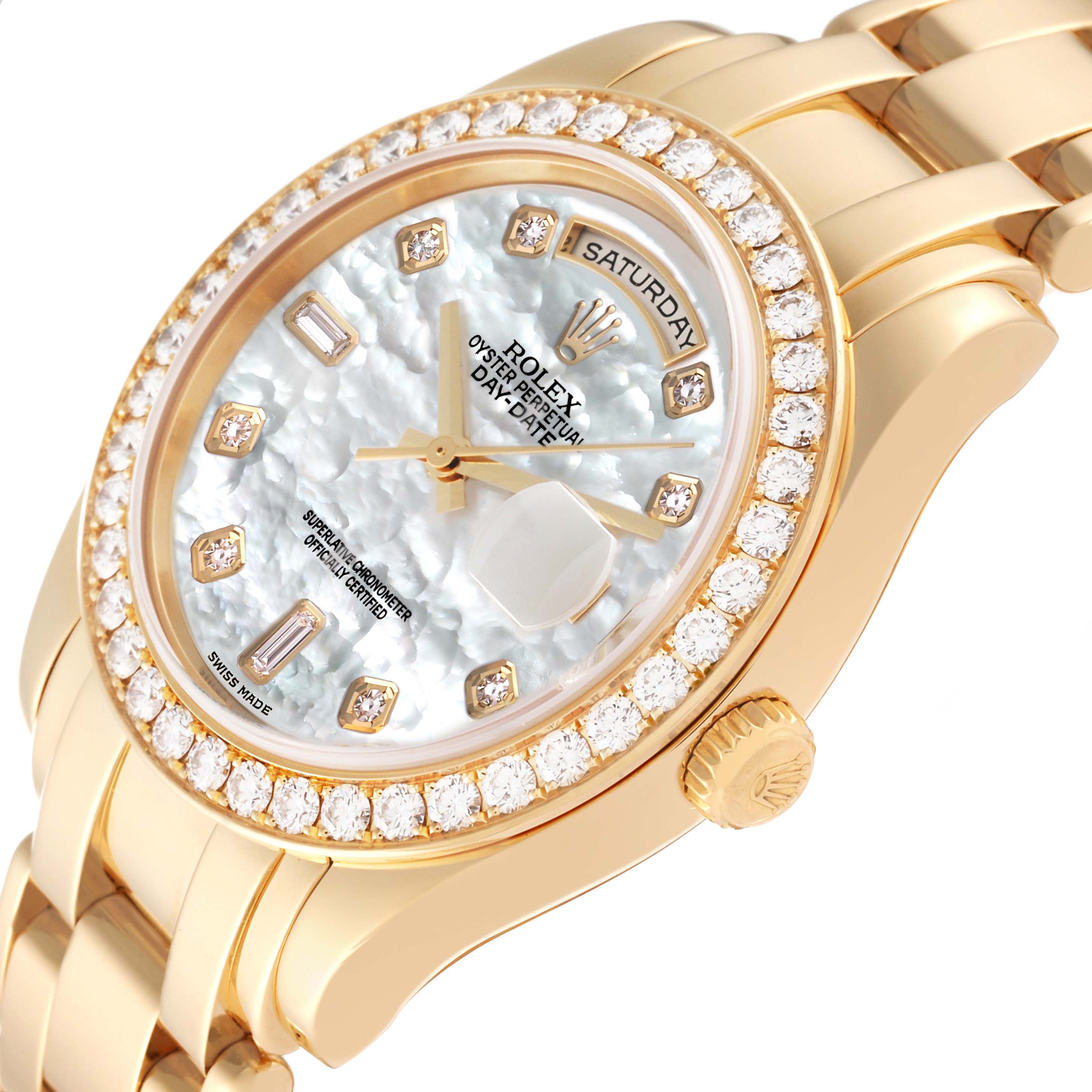 This is a close-up angled view of the Rolex Pearlmaster 18948 Men's Yellow Gold Mother of Pearl Dial 18948 Men's Yellow Gold Mother of Pearl Dial watch, showing the dial, bezel, and a portion of the bracelet.