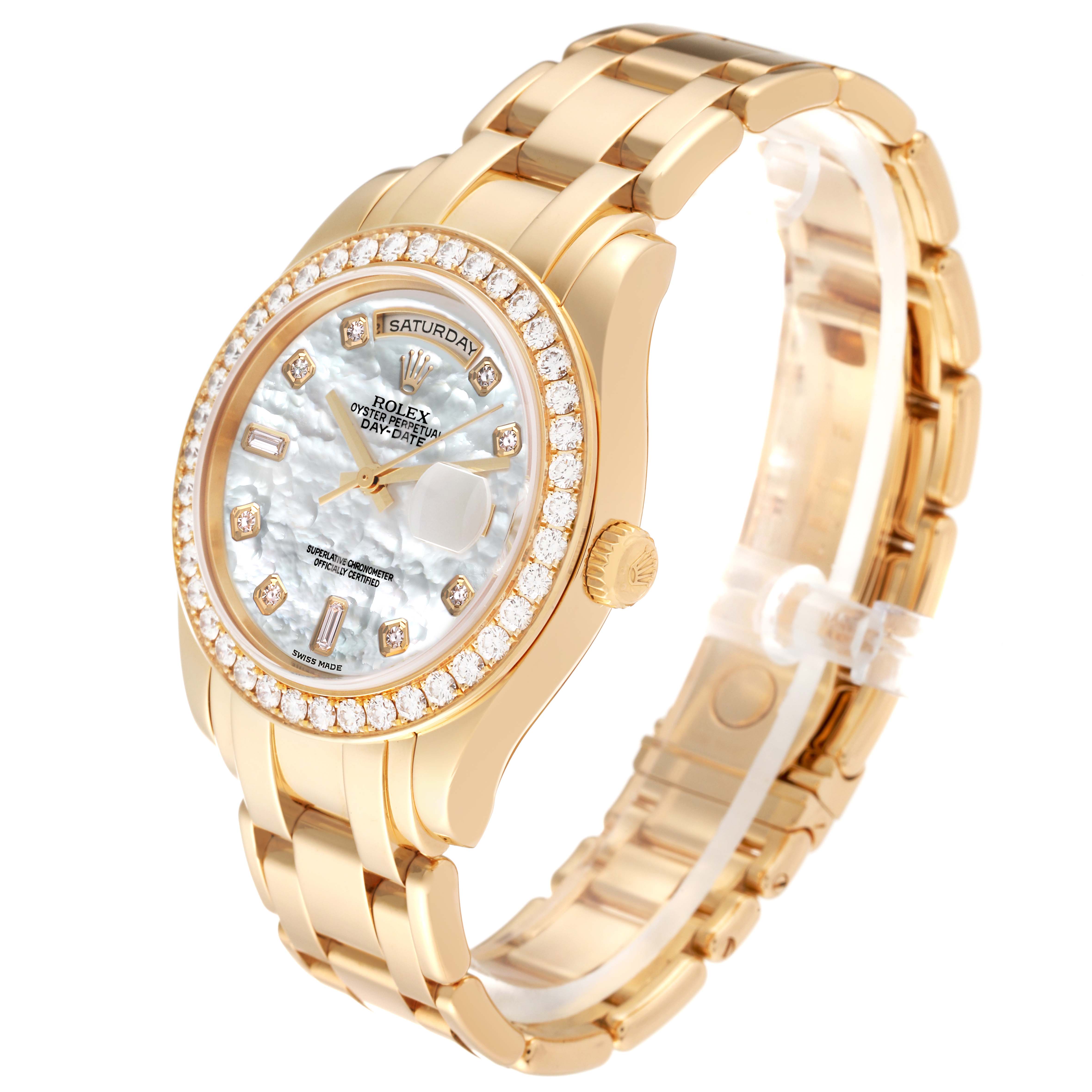 The Rolex Pearlmaster 18948 Men's Yellow Gold Mother of Pearl Dial 18948 Men's Yellow Gold Mother of Pearl Dial watch is shown at an angle highlighting the bracelet, bezel, crown, and dial.