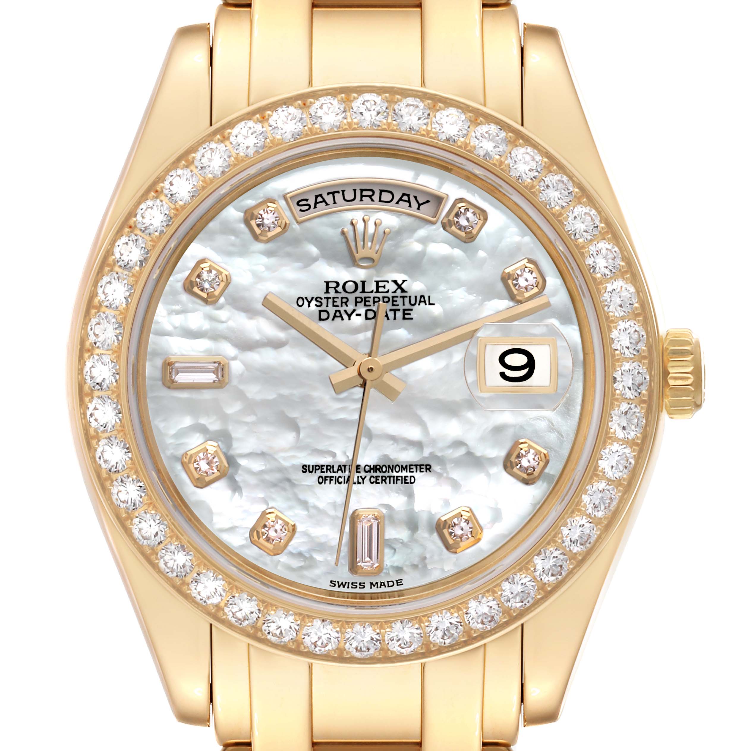 The Pearlmaster Rolex watch is shown from the front angle, displaying the dial, bezel, and part of the bracelet.