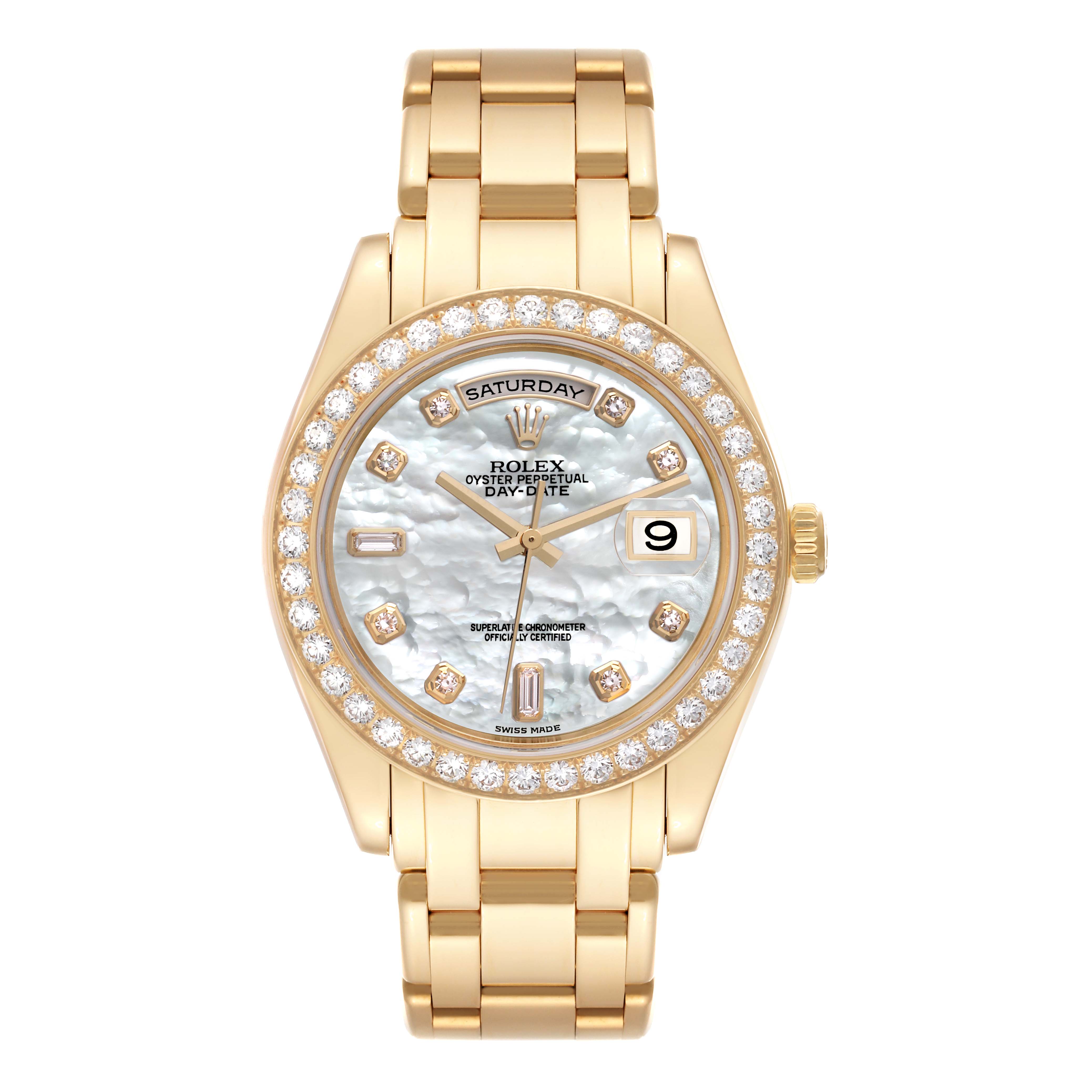 The image shows a front view of a Rolex Pearlmaster 18948 Men's Yellow Gold Mother of Pearl Dial 18948 Men's Yellow Gold Mother of Pearl Dial watch, highlighting its face, bracelet, bezel, and crown.
