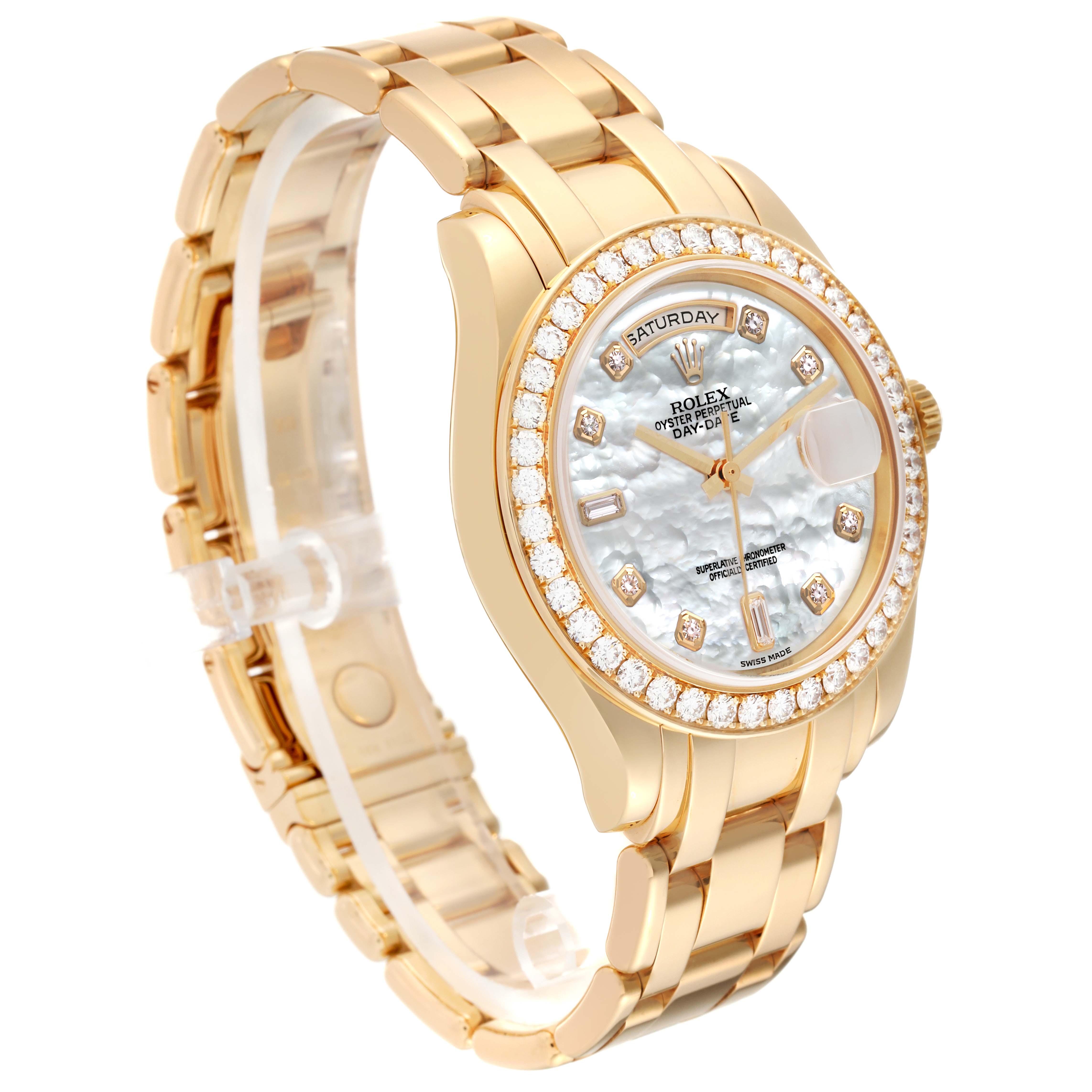 The image shows a diagonal front view of the Rolex Pearlmaster 18948 Men's Yellow Gold Mother of Pearl Dial 18948 Men's Yellow Gold Mother of Pearl Dial watch, highlighting its face, bracelet, and diamond-encrusted bezel.