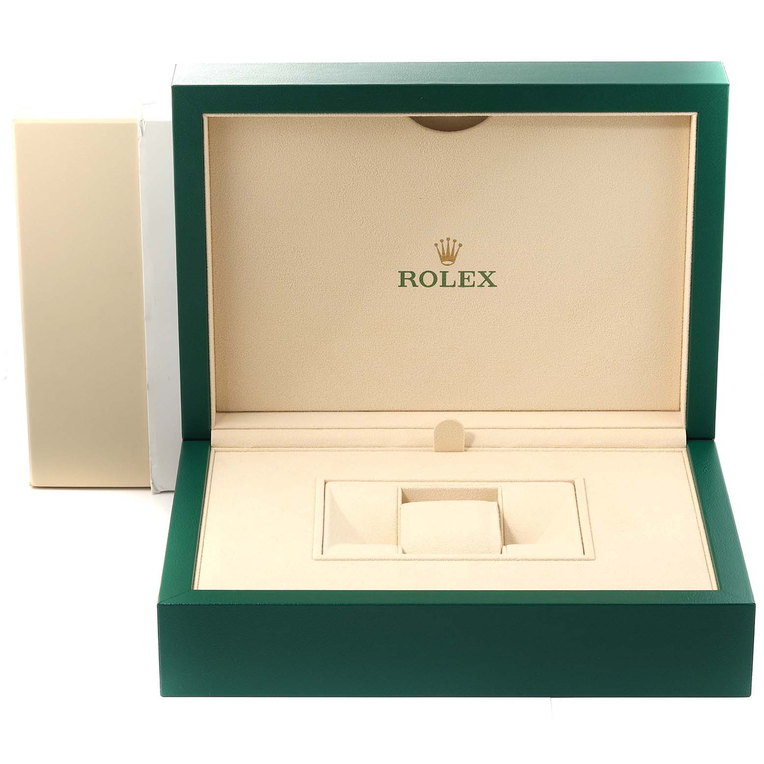 This image shows an open watch case for the Rolex Pearlmaster 18948 Men's Yellow Gold Mother of Pearl Dial 18948 Men's Yellow Gold Mother of Pearl Dial, featuring a beige interior and green exterior.