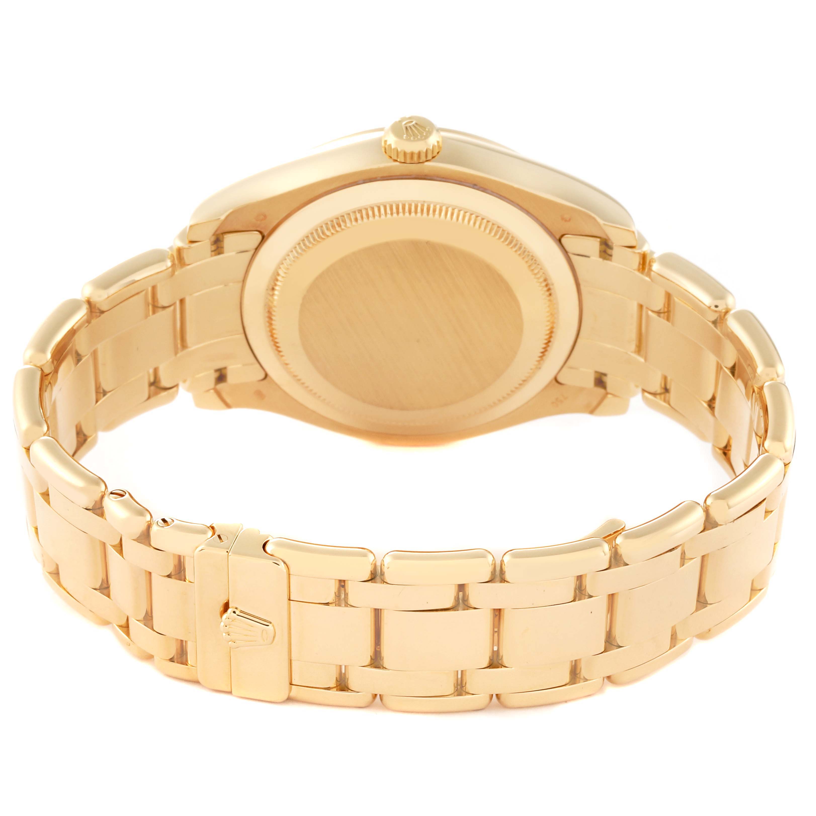 This image shows the back view of a Rolex Pearlmaster 18948 Men's Yellow Gold Mother of Pearl Dial 18948 Men's Yellow Gold Mother of Pearl Dial watch, highlighting its gold case and bracelet.