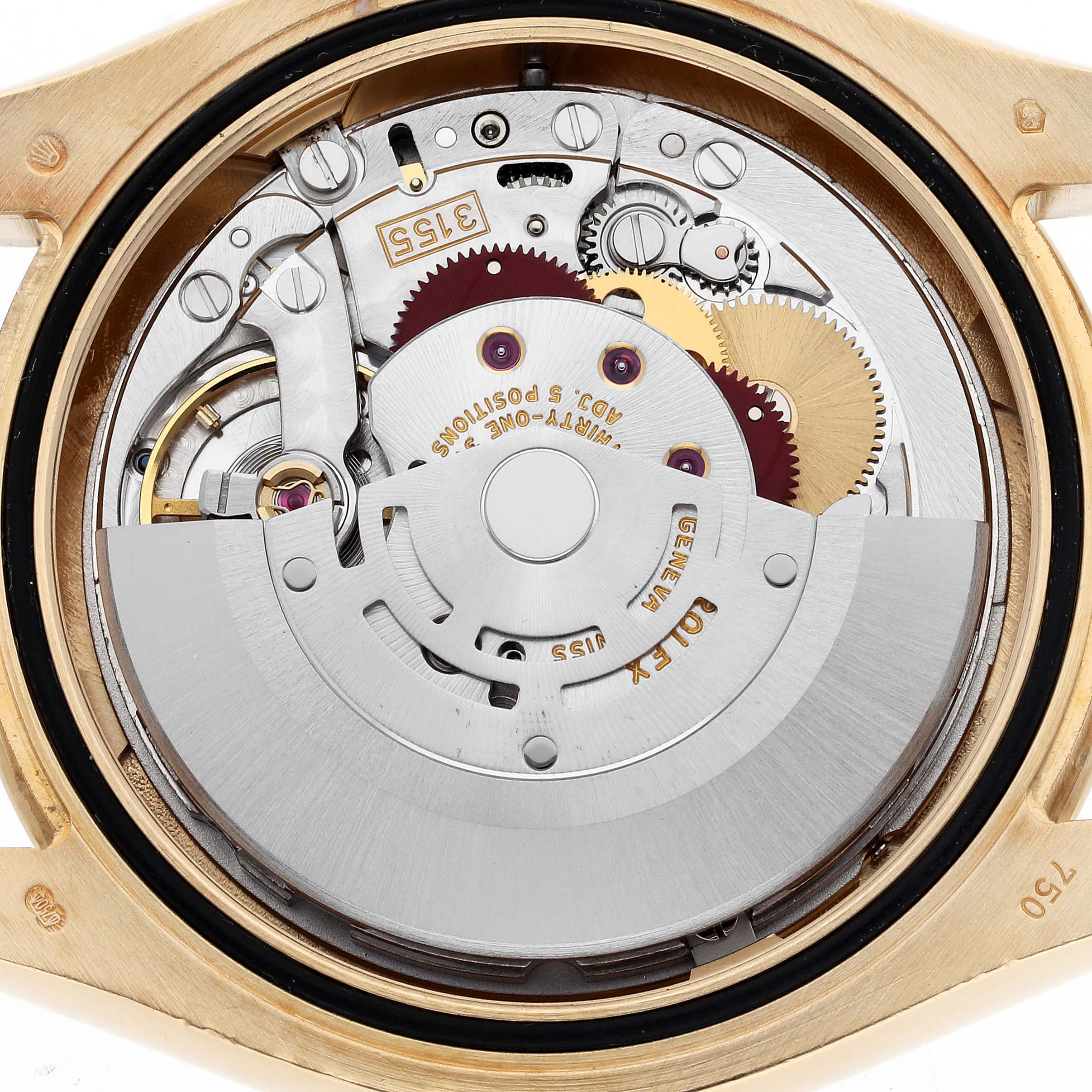 The image shows the back view of the Rolex Pearlmaster 18948 Men's Yellow Gold Mother of Pearl Dial 18948 Men's Yellow Gold Mother of Pearl Dial watch, revealing its internal movement and mechanical parts.