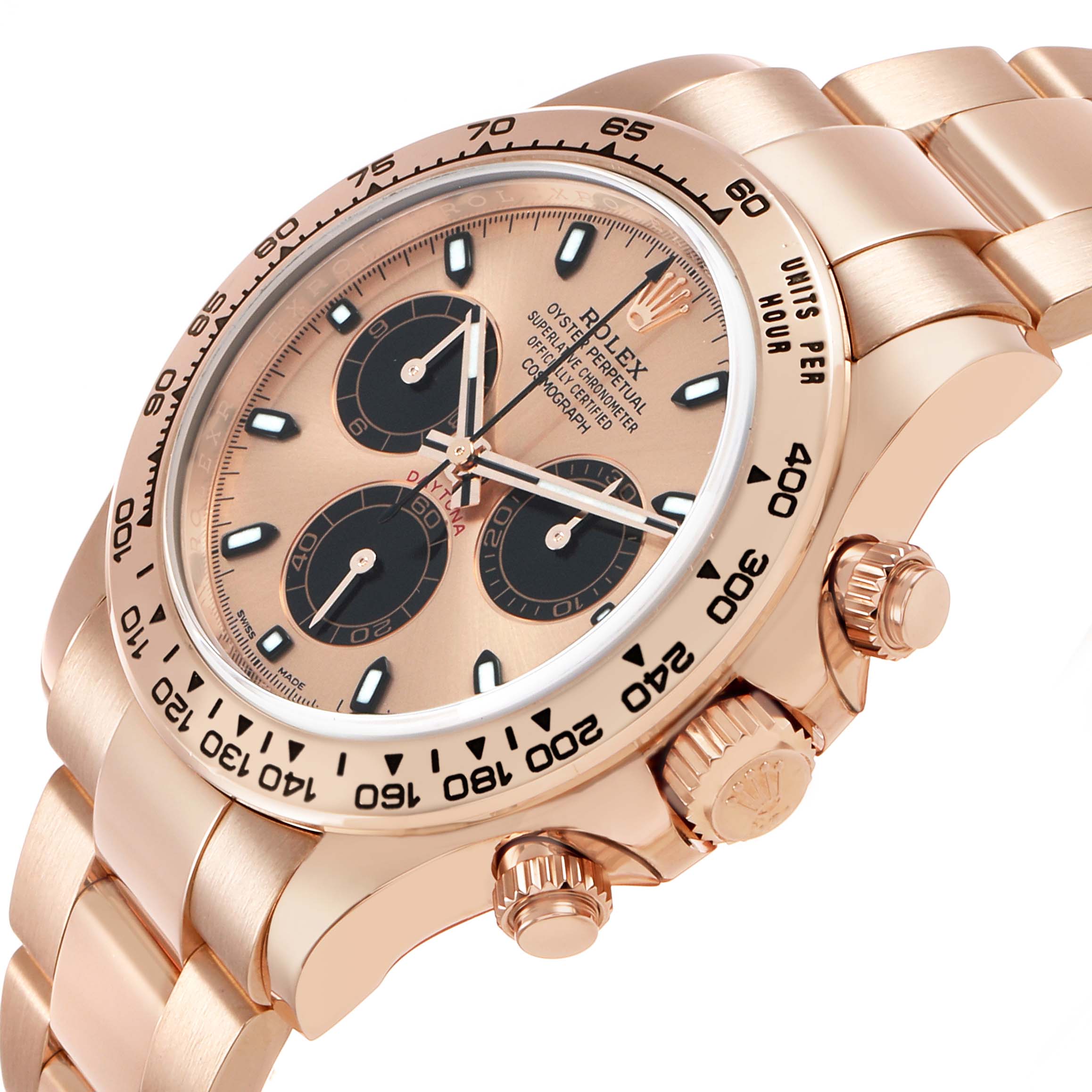 The Rolex Daytona 116505 Men's Rose Gold Pink Dial is shown at a tilted angle, highlighting its dial, bezel, and side pushers.