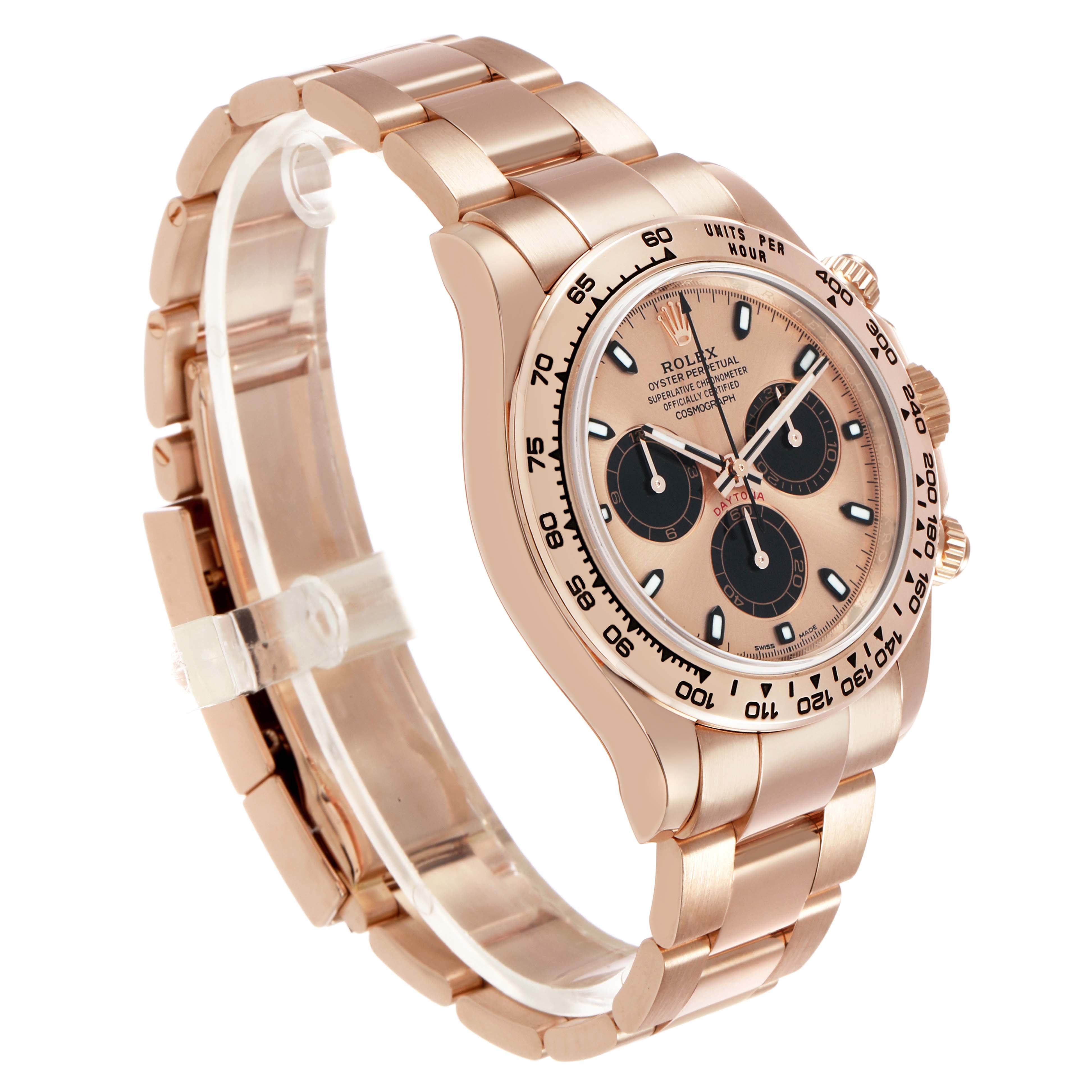 The Rolex Daytona 116505 Men's Rose Gold Pink Dial model is shown at a three-quarter angle, highlighting the bezel, dial, pushers, and bracelet.