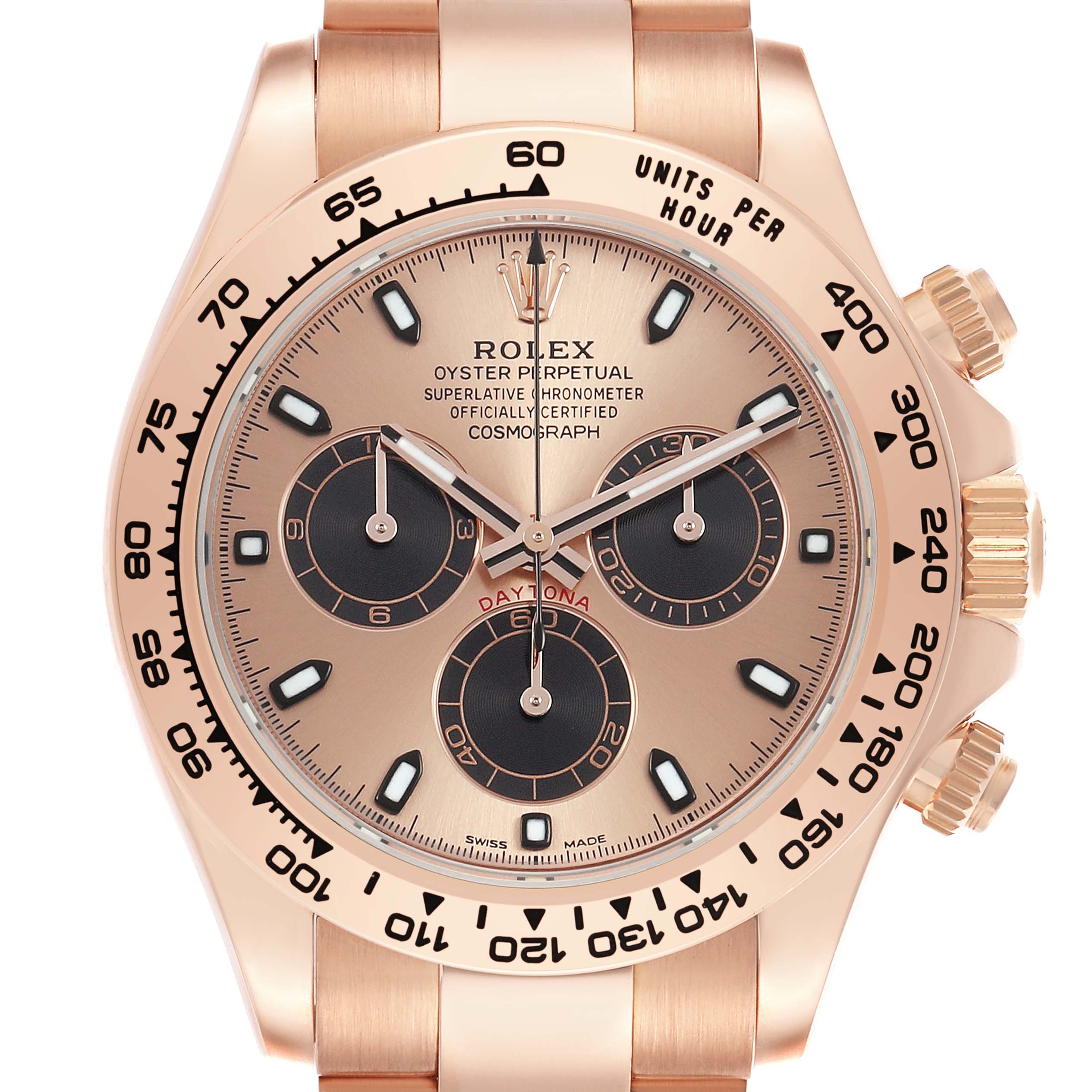 The Rolex Daytona 116505 Men's Rose Gold Pink Dial watch is shown from the front, displaying its dial, bezel, and chronograph subdials.