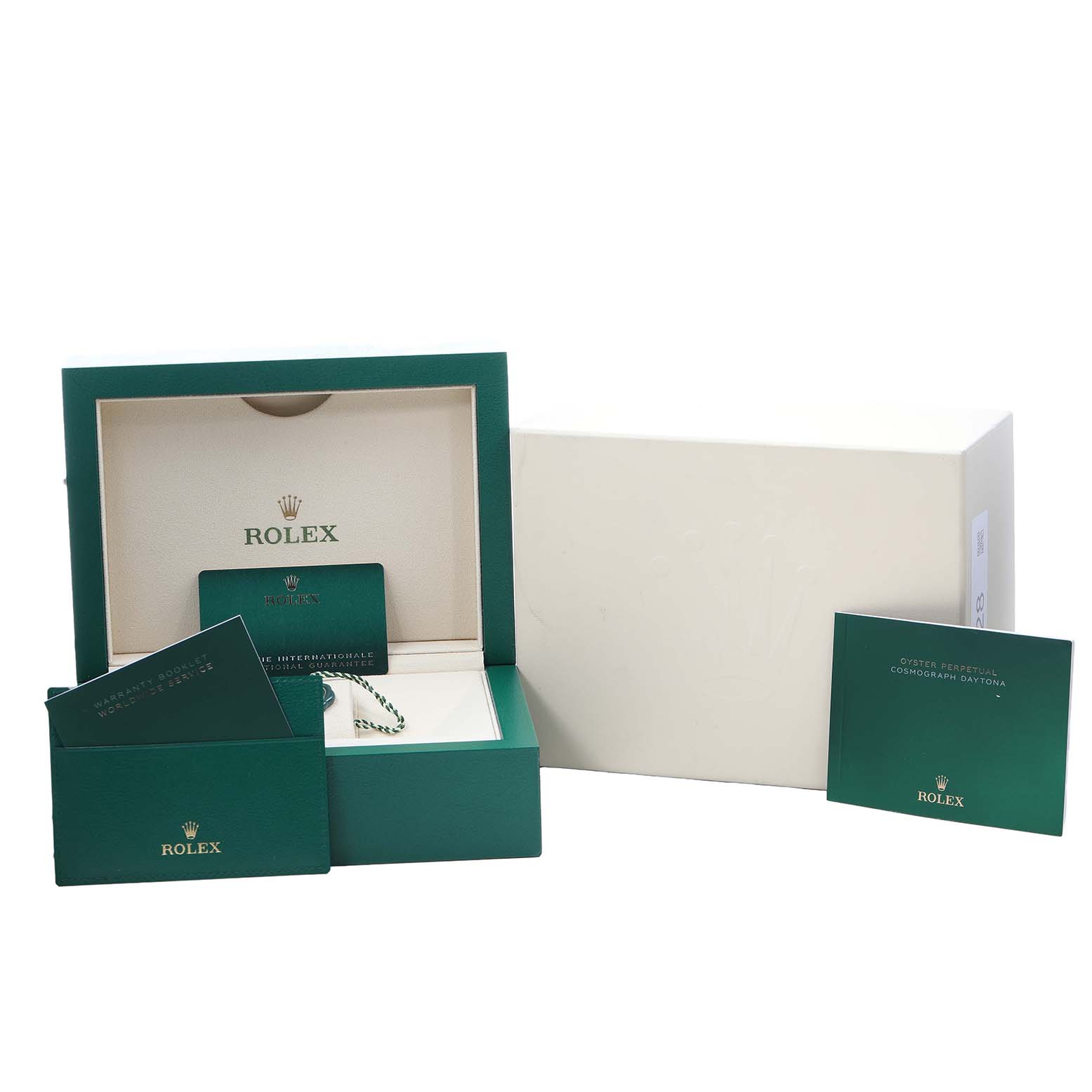 The image shows a Rolex Daytona 116505 Men's Rose Gold Pink Dial watch set including a box, warranty card, and manual.