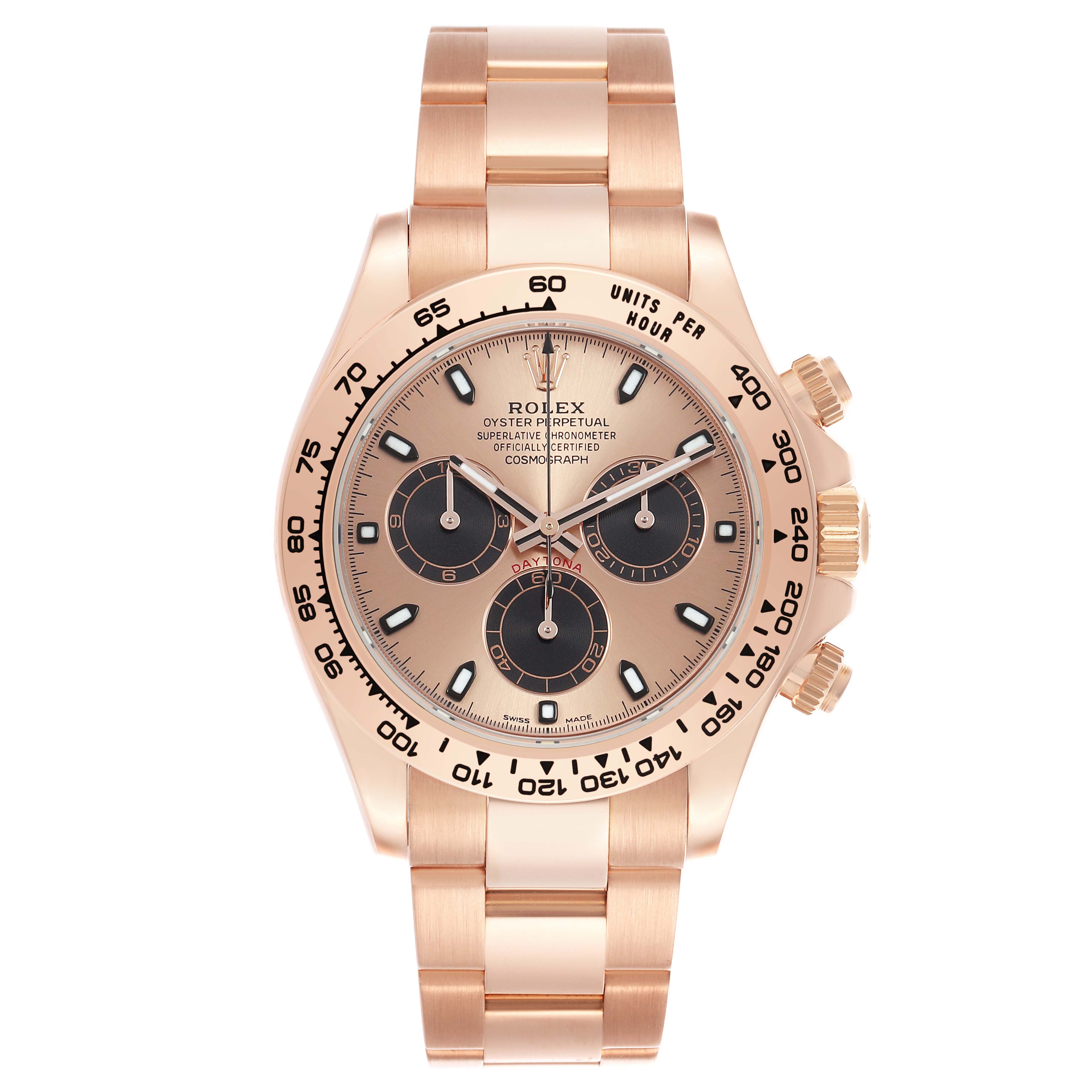 The Rolex Daytona 116505 Men's Rose Gold Pink Dial watch is shown from the front, highlighting its bezel, crown, subdials, and bracelet.