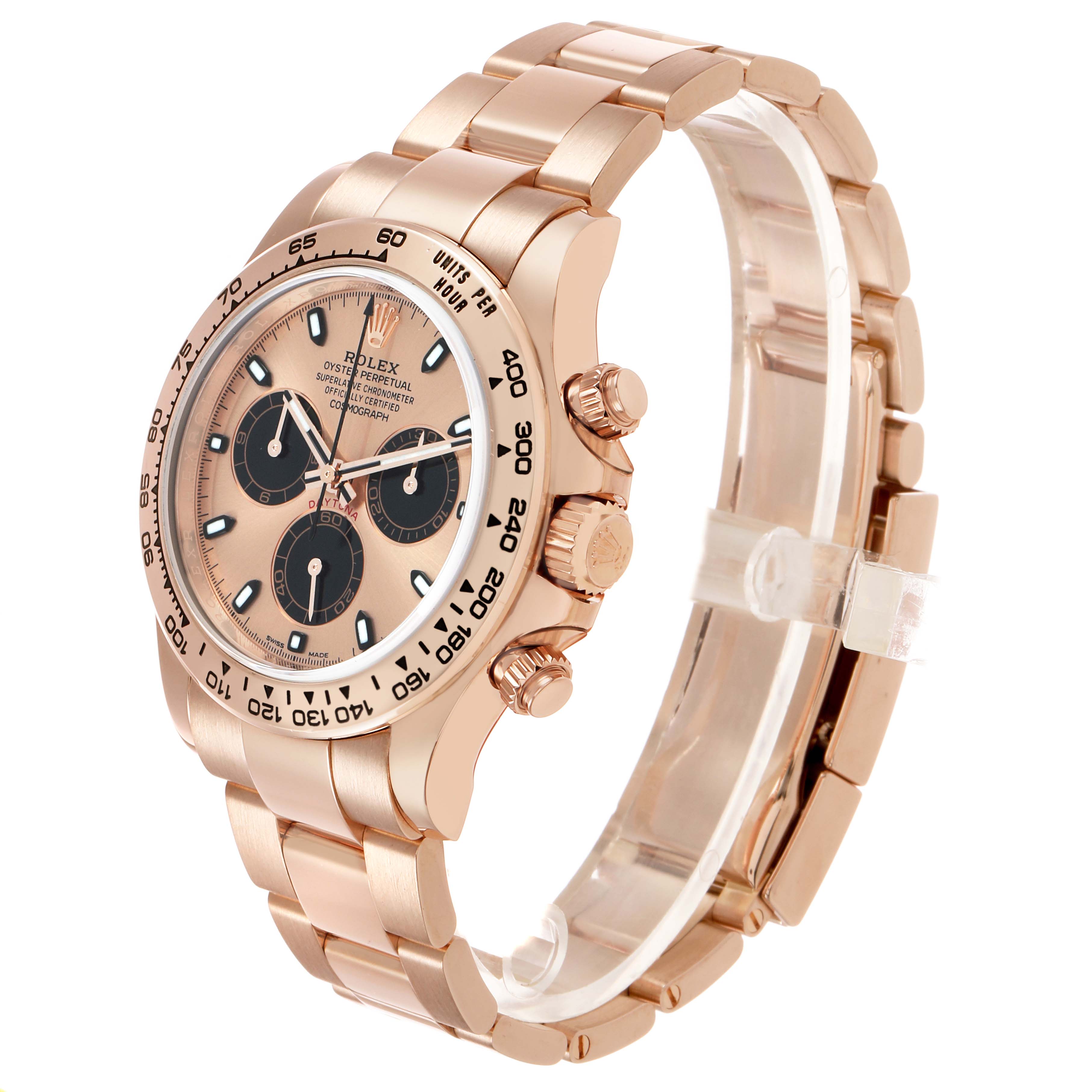The Rolex Daytona 116505 Men's Rose Gold Pink Dial watch is shown at a three-quarter angle, highlighting its dial, bezel, crown, and band.