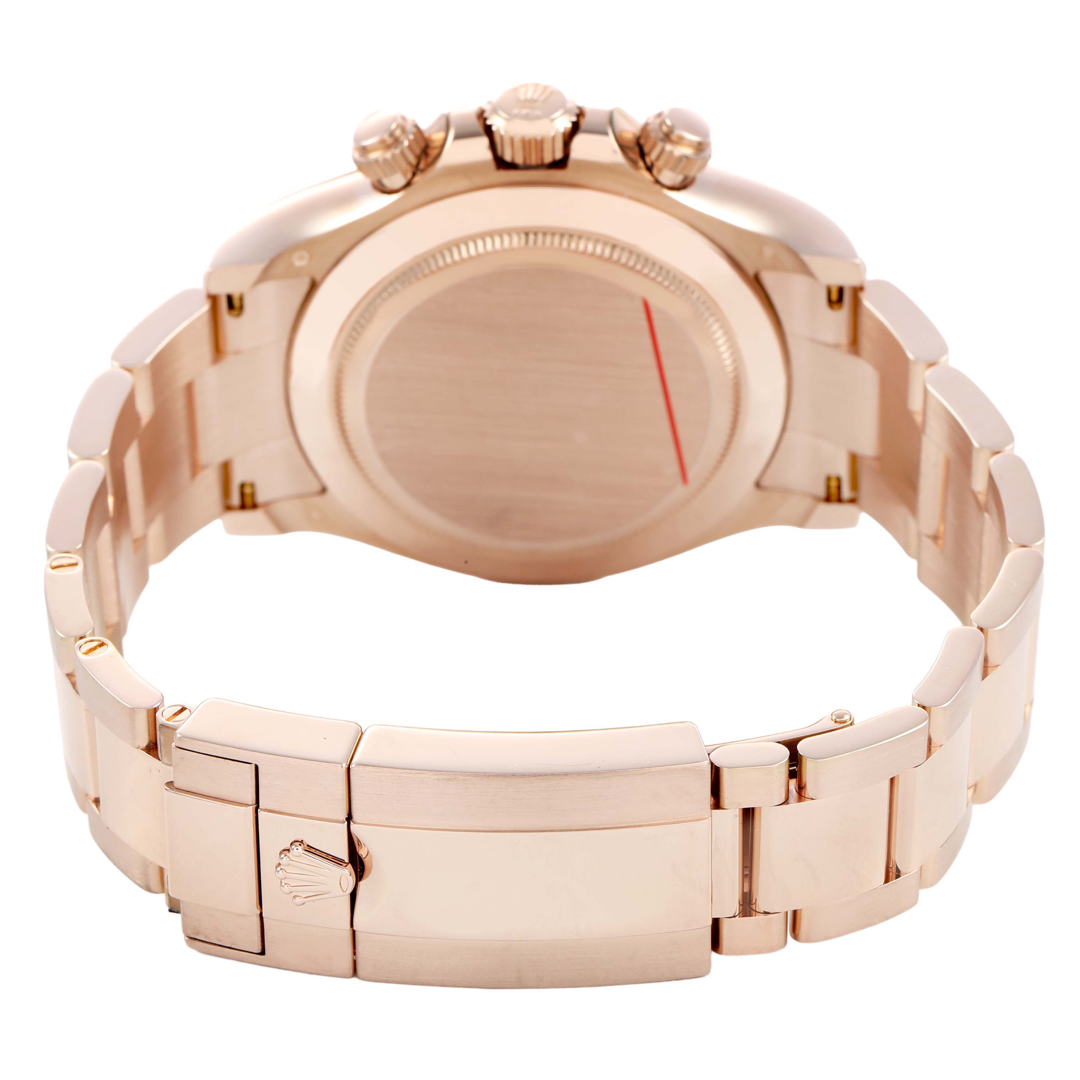 The Rolex Daytona 116505 Men's Rose Gold Pink Dial watch is shown from the back, displaying the case back, crown, pushers, and bracelet clasp.