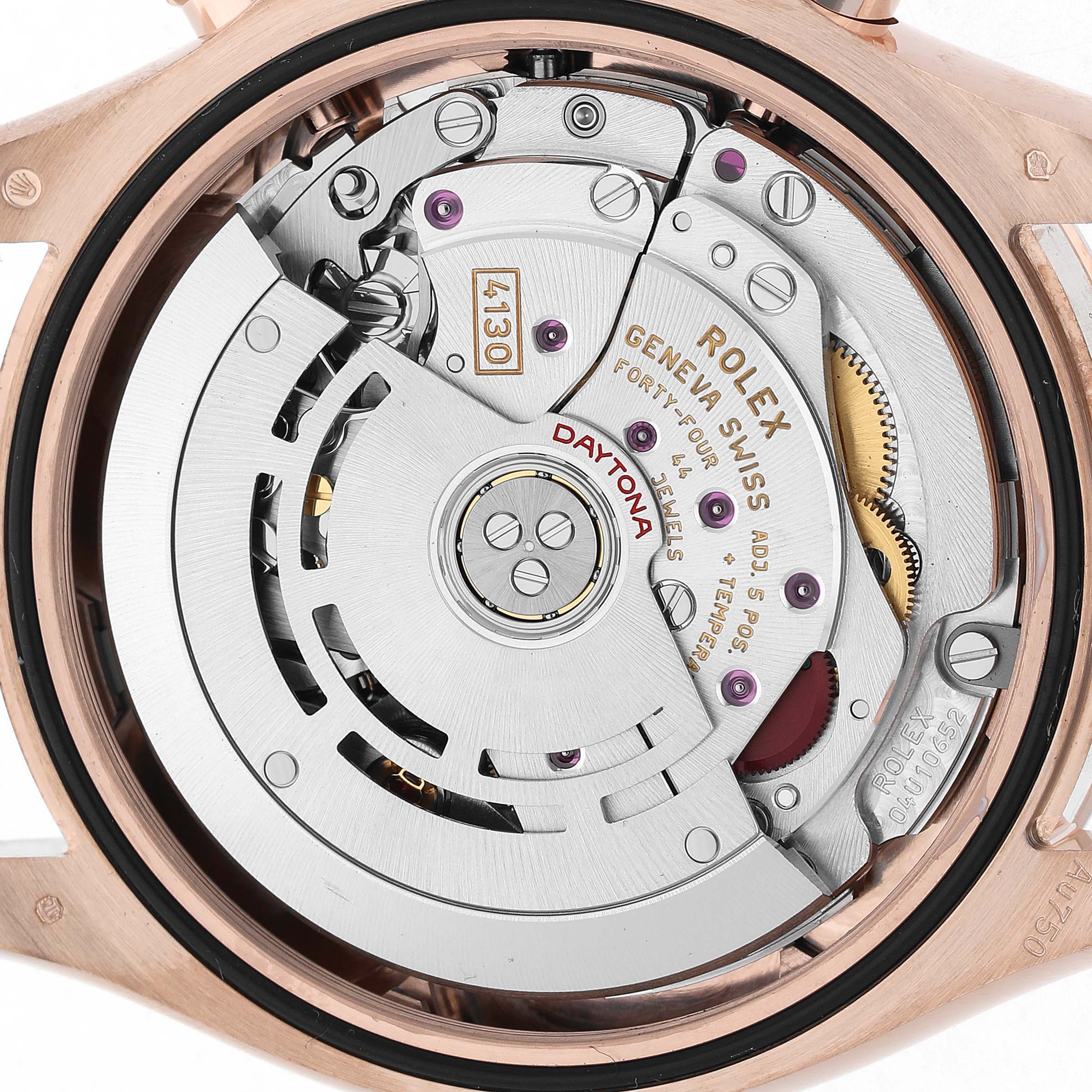 The image shows the movement of a Rolex Daytona 116505 Men's Rose Gold Pink Dial watch from a back angle, highlighting its intricate internal mechanism.
