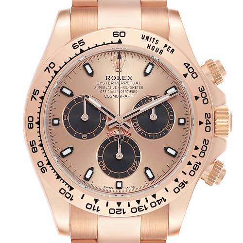 The Rolex Daytona 116505 Men's Rose Gold Pink Dial watch is shown from the front, displaying the dial, subdials, bezel, and crown.