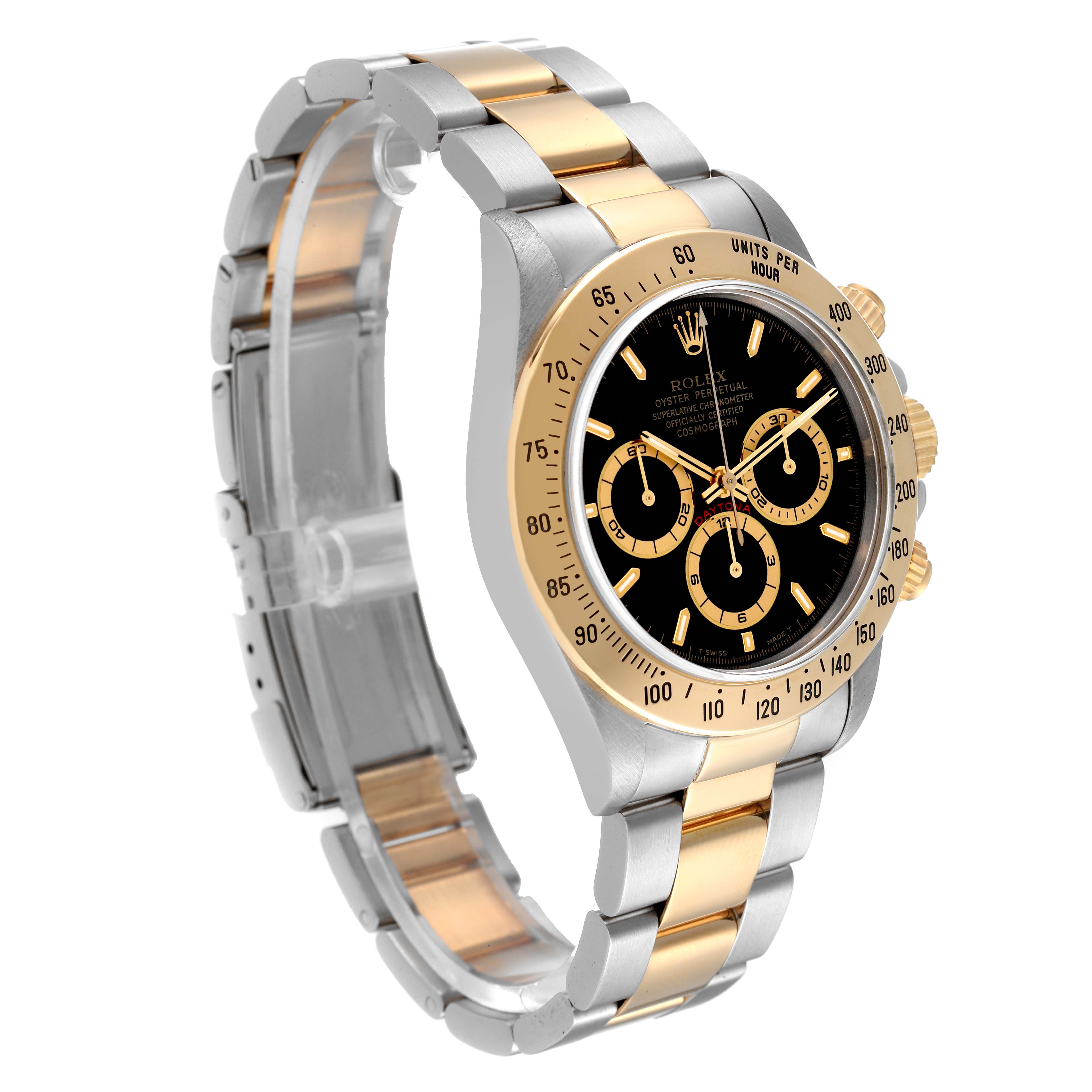 The image shows a side angle of a Rolex Daytona 16523 Men's Steel and Gold (two tone) Black Dial 16523 Men's Steel and Gold (two tone) Black Dial watch, highlighting the gold and silver bracelet and the face.