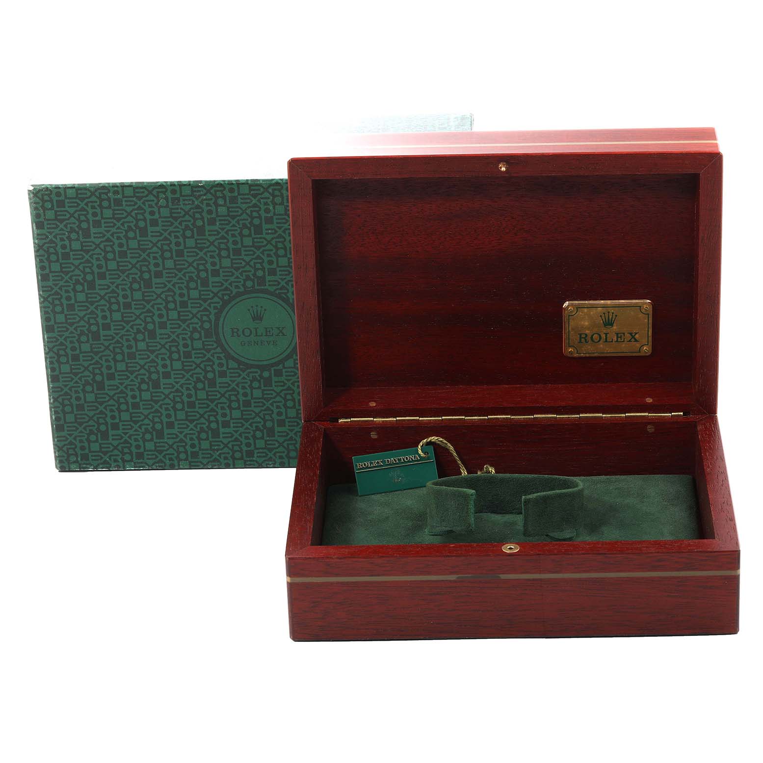 This image shows an open Rolex Daytona 16523 Men's Steel and Gold (two tone) Black Dial 16523 Men's Steel and Gold (two tone) Black Dial watch box and its green outer packaging from a frontal angle.