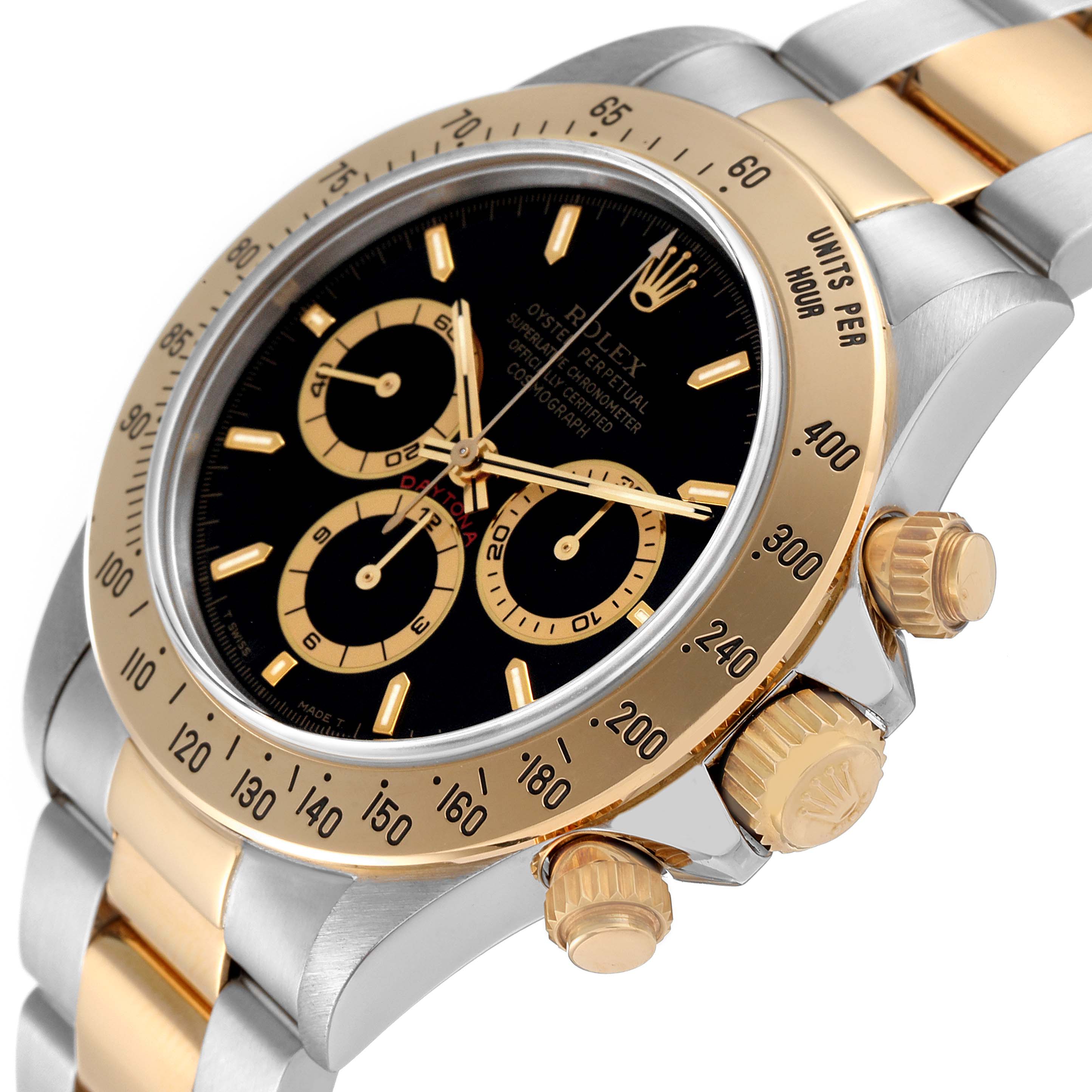 The image shows a close-up view of a Rolex Daytona 16523 Men's Steel and Gold (two tone) Black Dial 16523 Men's Steel and Gold (two tone) Black Dial watch highlighting its bezel, dial, and pushers.