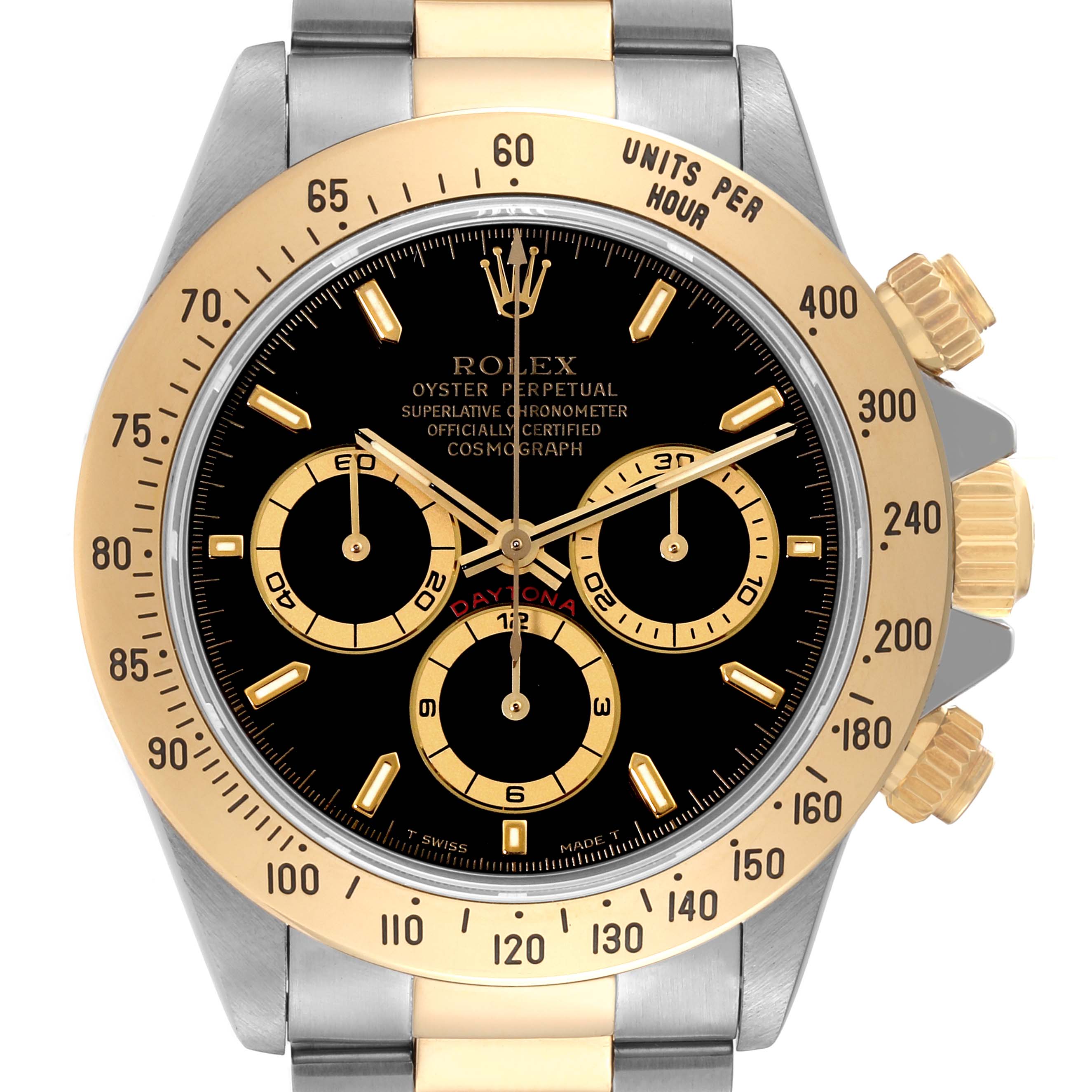 The image shows a frontal view of the Rolex Daytona 16523 Men's Steel and Gold (two tone) Black Dial 16523 Men's Steel and Gold (two tone) Black Dial watch, highlighting the bezel, black dial, chronograph subdials, and crown.