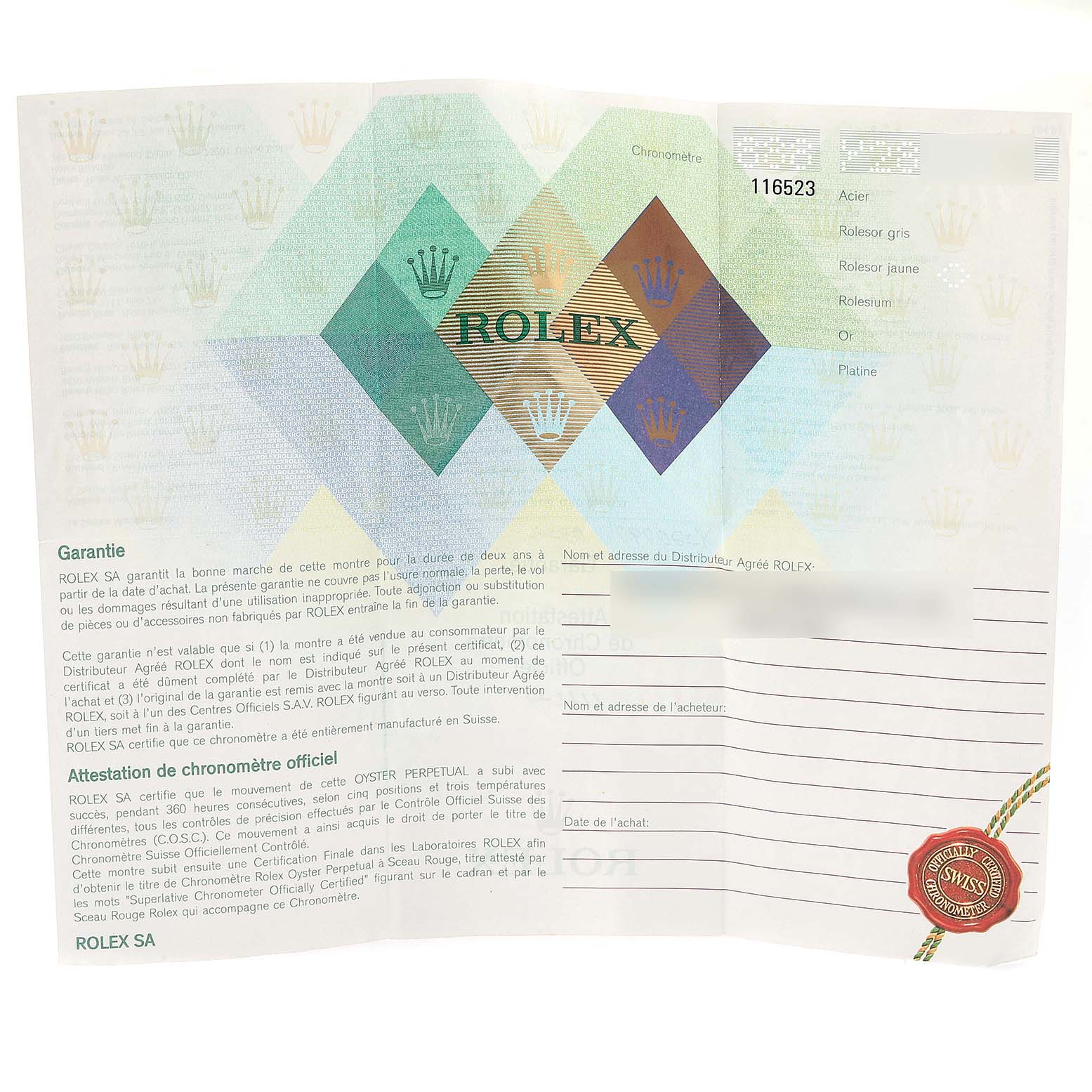 The image shows the warranty certificate for a Rolex Daytona 116523 Men
s Steel and Gold (two tone) White Dial 116523 Men
s Steel and Gold (two tone) White Dial watch, including the model number and official chronometer attestation.