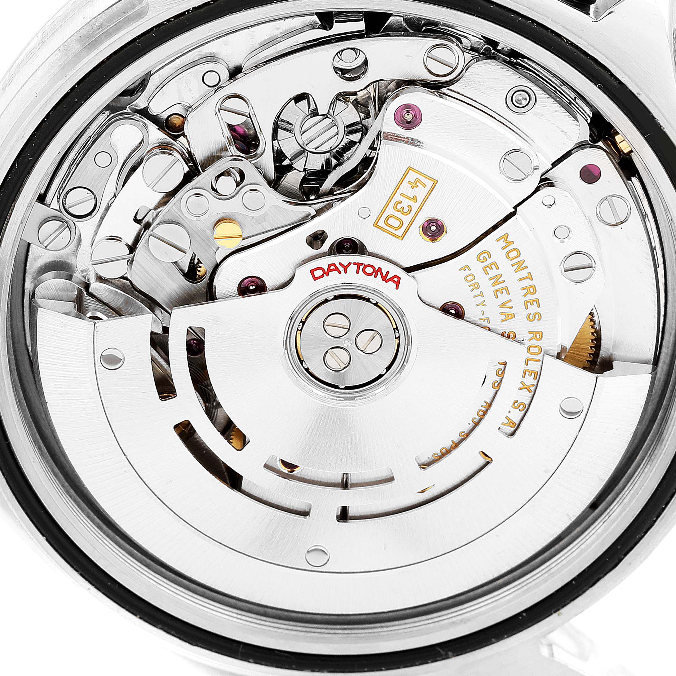 The image shows the inner mechanical movement of a Rolex Daytona 116523 Men
s Steel and Gold (two tone) White Dial 116523 Men
s Steel and Gold (two tone) White Dial watch viewed from the back.