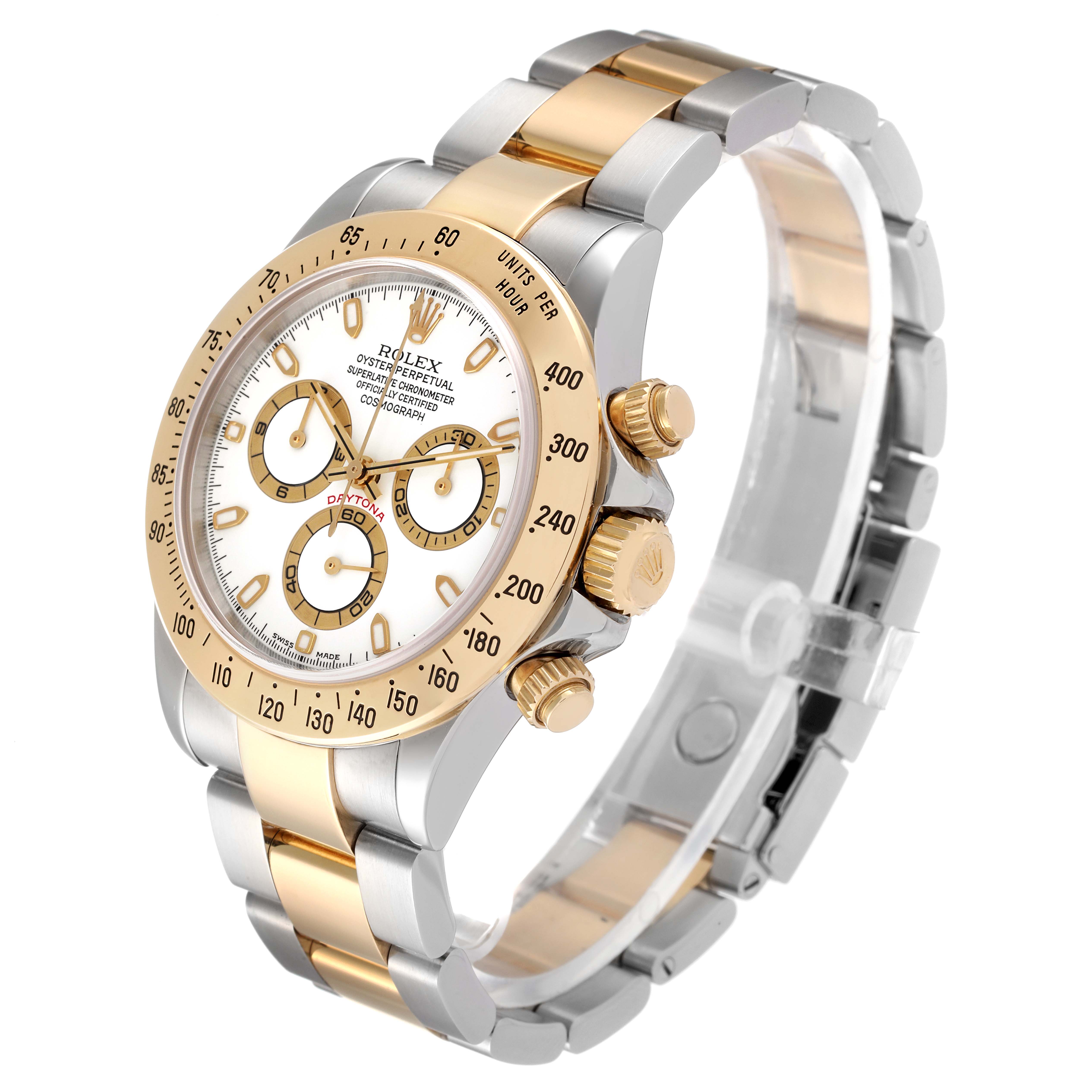 The Rolex Daytona 116523 Men
s Steel and Gold (two tone) White Dial 116523 Men
s Steel and Gold (two tone) White Dial watch is shown in a three-quarter angle, highlighting the dial, bezel, and bracelet.