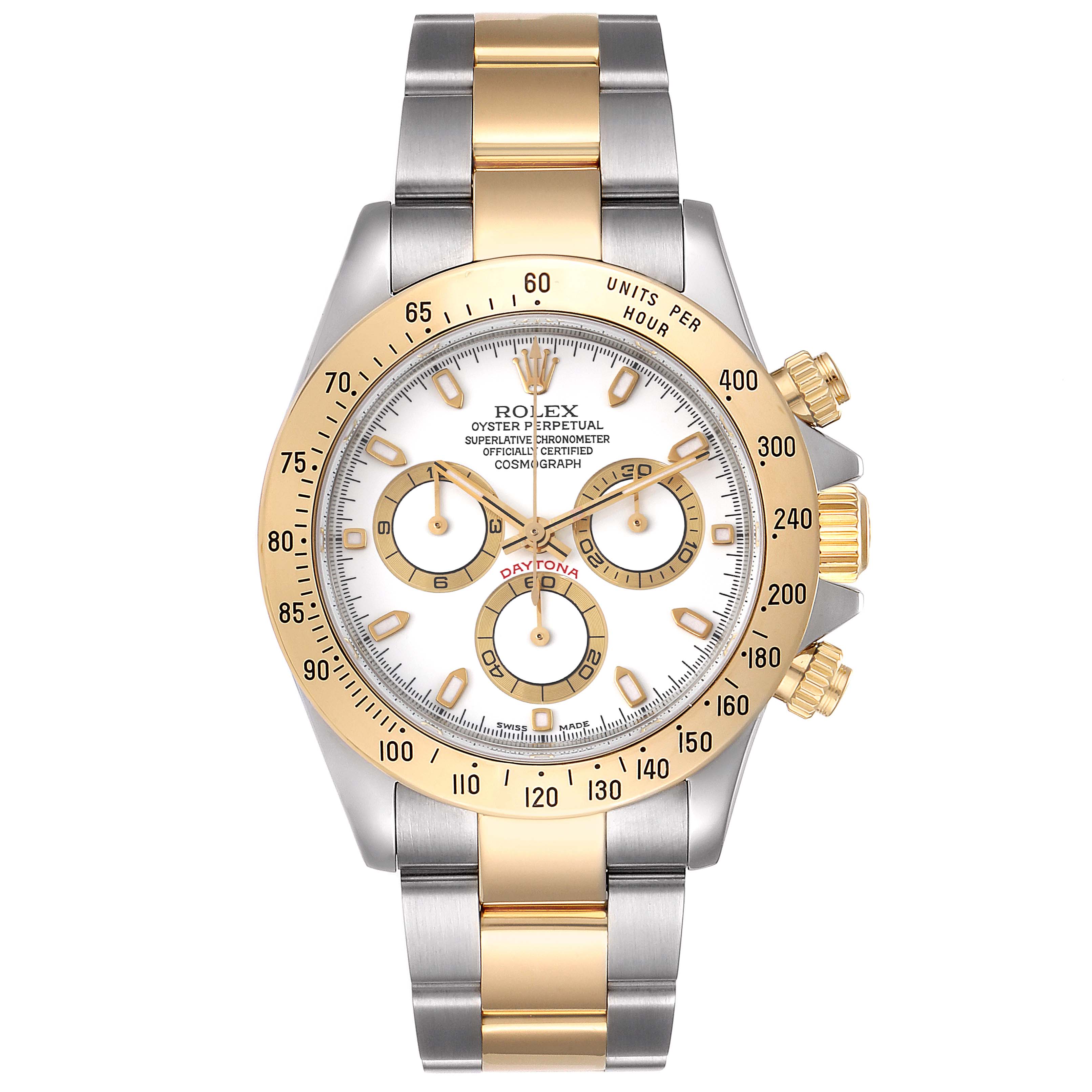 The image shows a front view of a Rolex Daytona 116523 Men
s Steel and Gold (two tone) White Dial 116523 Men
s Steel and Gold (two tone) White Dial watch, highlighting its bezel, dial, and two-tone bracelet.