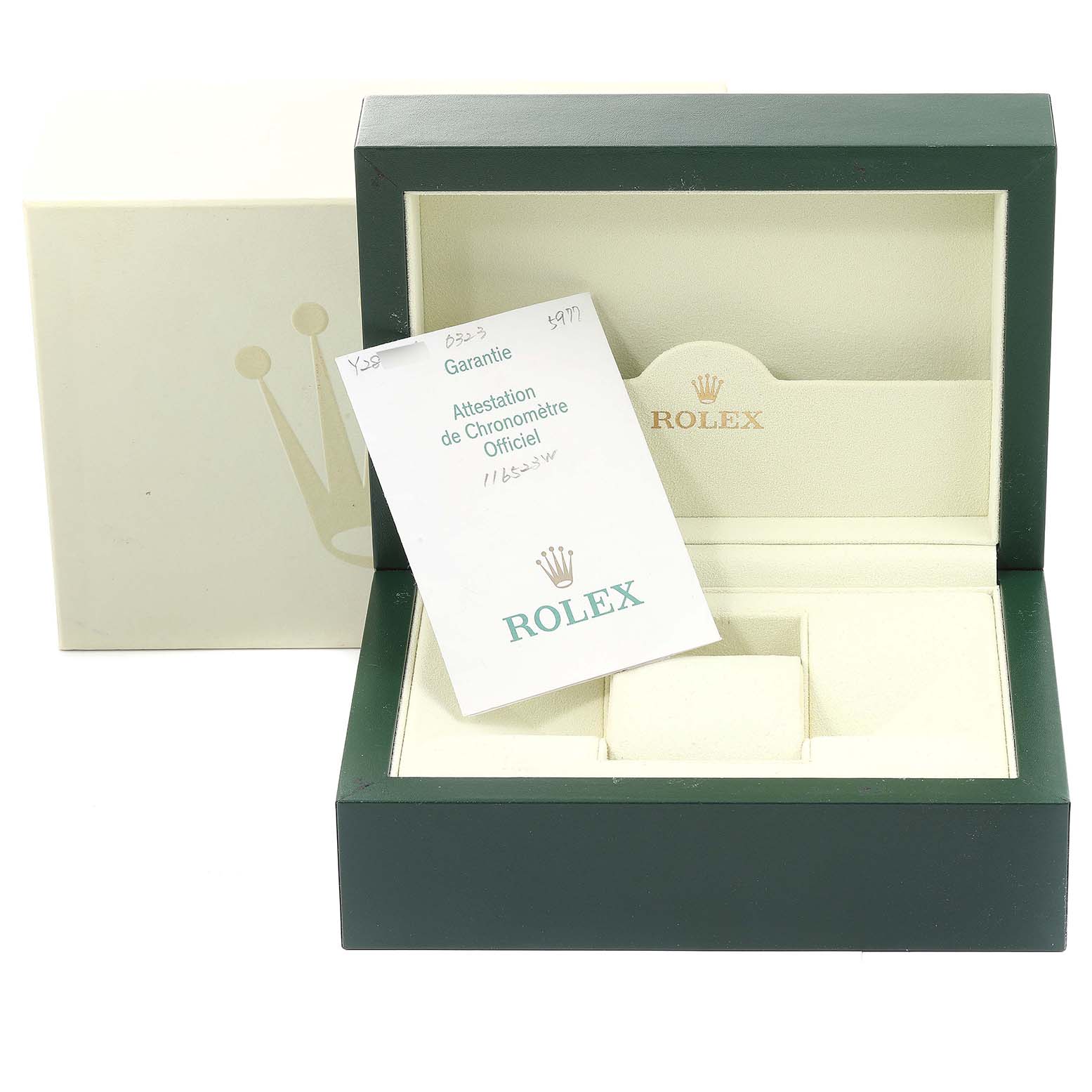 The image shows the packaging accessories for the Rolex Daytona 116523 Men
s Steel and Gold (two tone) White Dial 116523 Men
s Steel and Gold (two tone) White Dial, including the box and guarantee certificate.