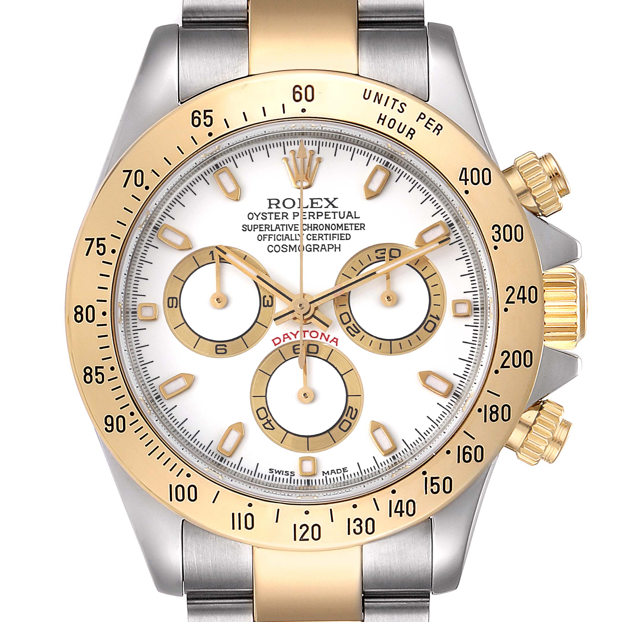 This image shows a front view of a Rolex Daytona 116523 Men
s Steel and Gold (two tone) White Dial 116523 Men
s Steel and Gold (two tone) White Dial watch, featuring a two-tone bezel, three subdials, and a stainless steel and gold bracelet.