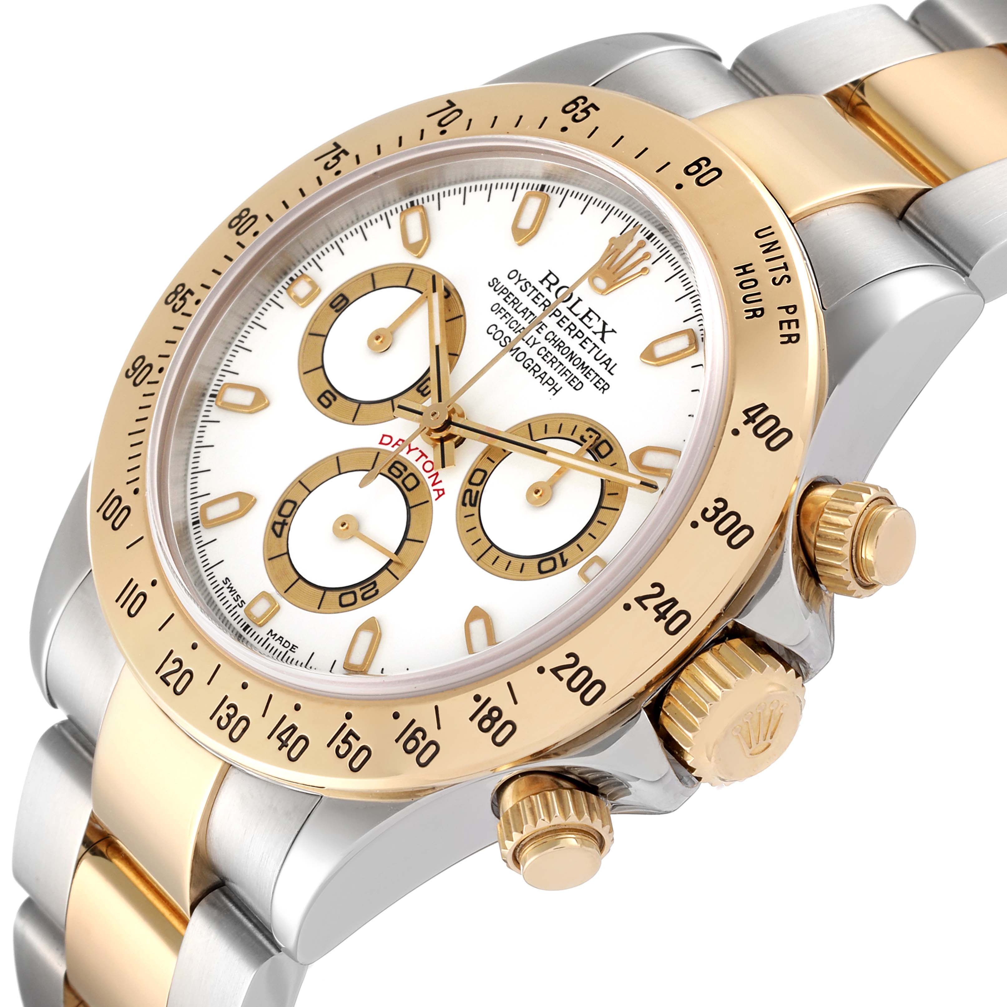 This image shows a close-up of the Rolex Daytona 116523 Men
s Steel and Gold (two tone) White Dial 116523 Men
s Steel and Gold (two tone) White Dial watch, highlighting the bezel, dial, chronograph sub-dials, and crown.