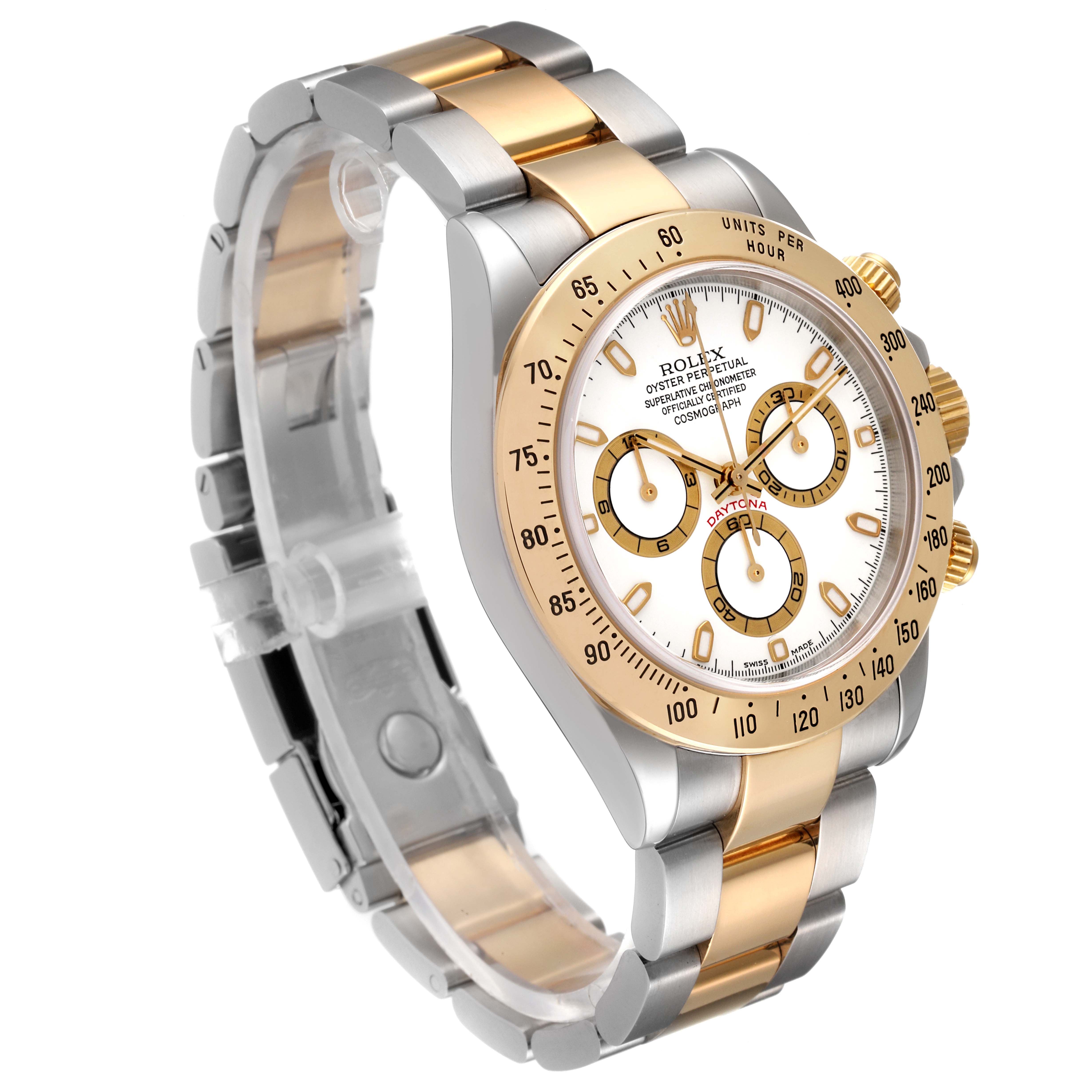 The Rolex Daytona 116523 Men
s Steel and Gold (two tone) White Dial 116523 Men
s Steel and Gold (two tone) White Dial watch is shown at a three-quarter angle, highlighting its gold and silver band, bezel, and chronograph dials.