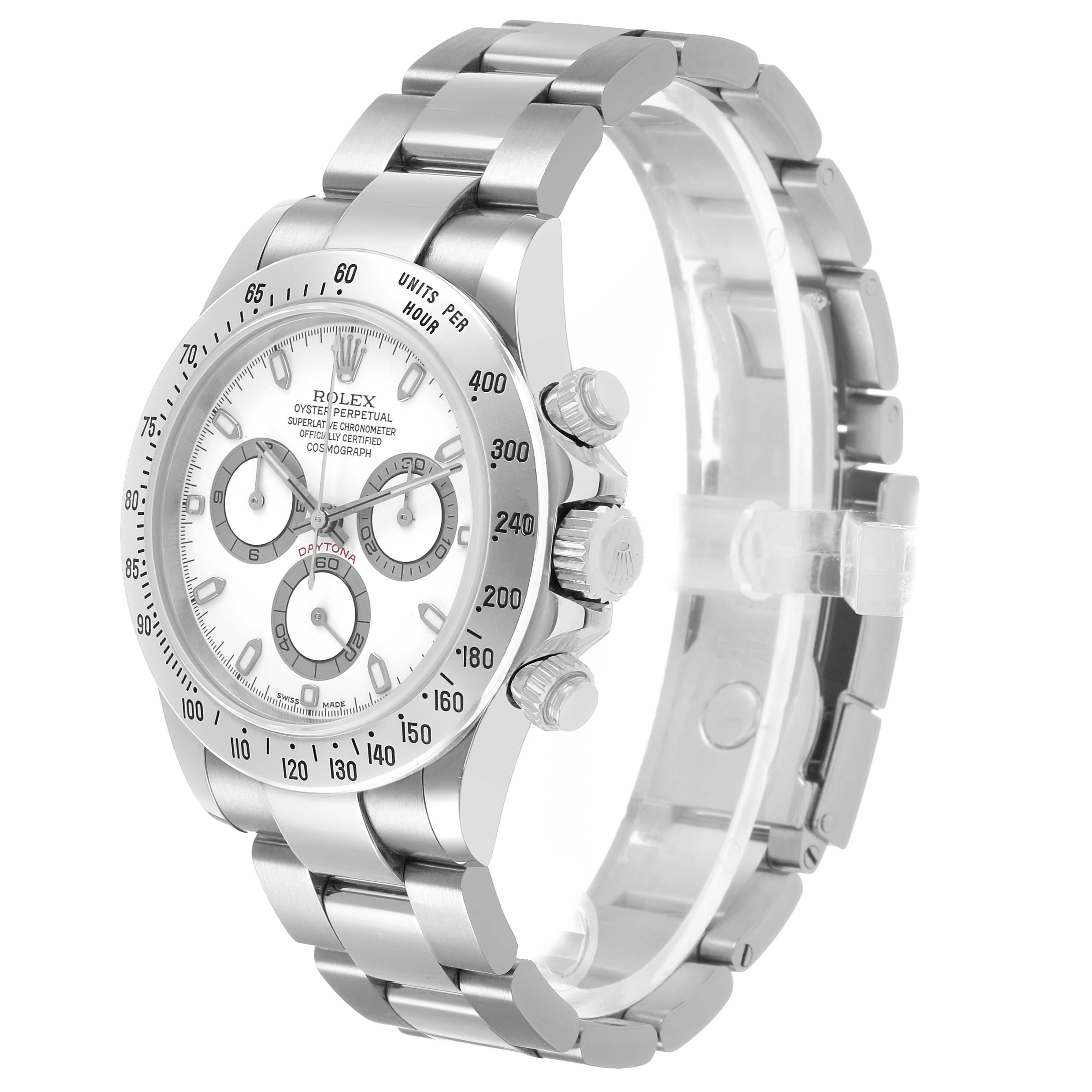The Rolex Daytona 116520 Men's Stainless Steel White Dial watch is shown at a slight angle, displaying the face, bezel, pushers, crown, and full bracelet.