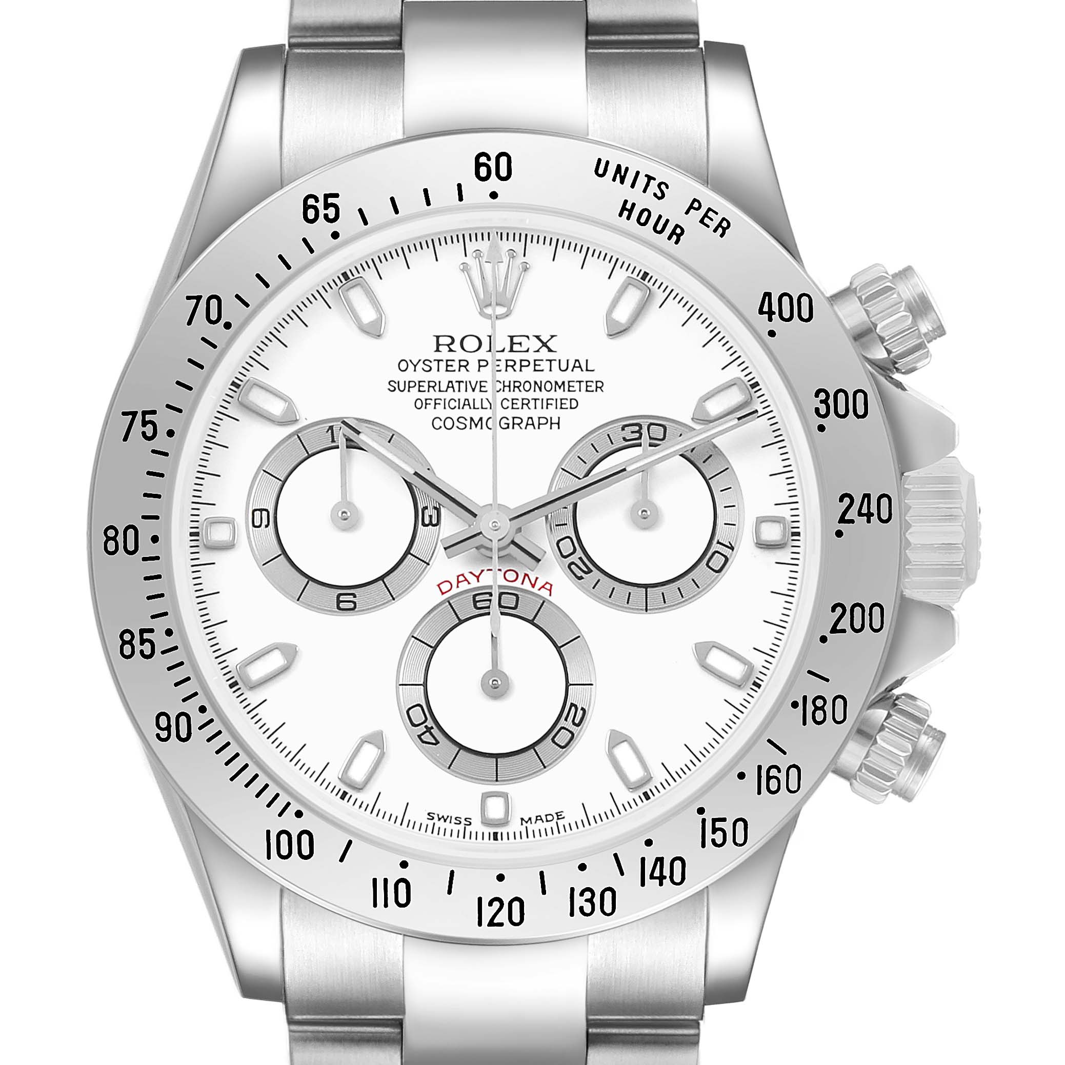 The Rolex Daytona 116520 Men's Stainless Steel White Dial watch is shown from a top-down angle, highlighting the bezel, dial, subdials, and pushers.