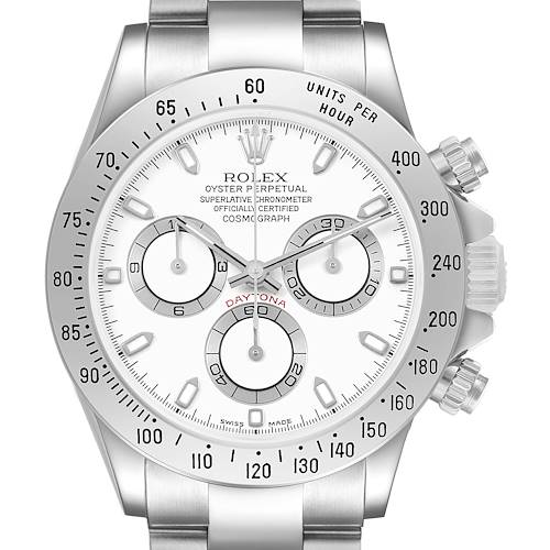 The Rolex Daytona 116520 Men's Stainless Steel White Dial watch is shown from the front, highlighting its dial, bezel, sub-dials, and crown details.