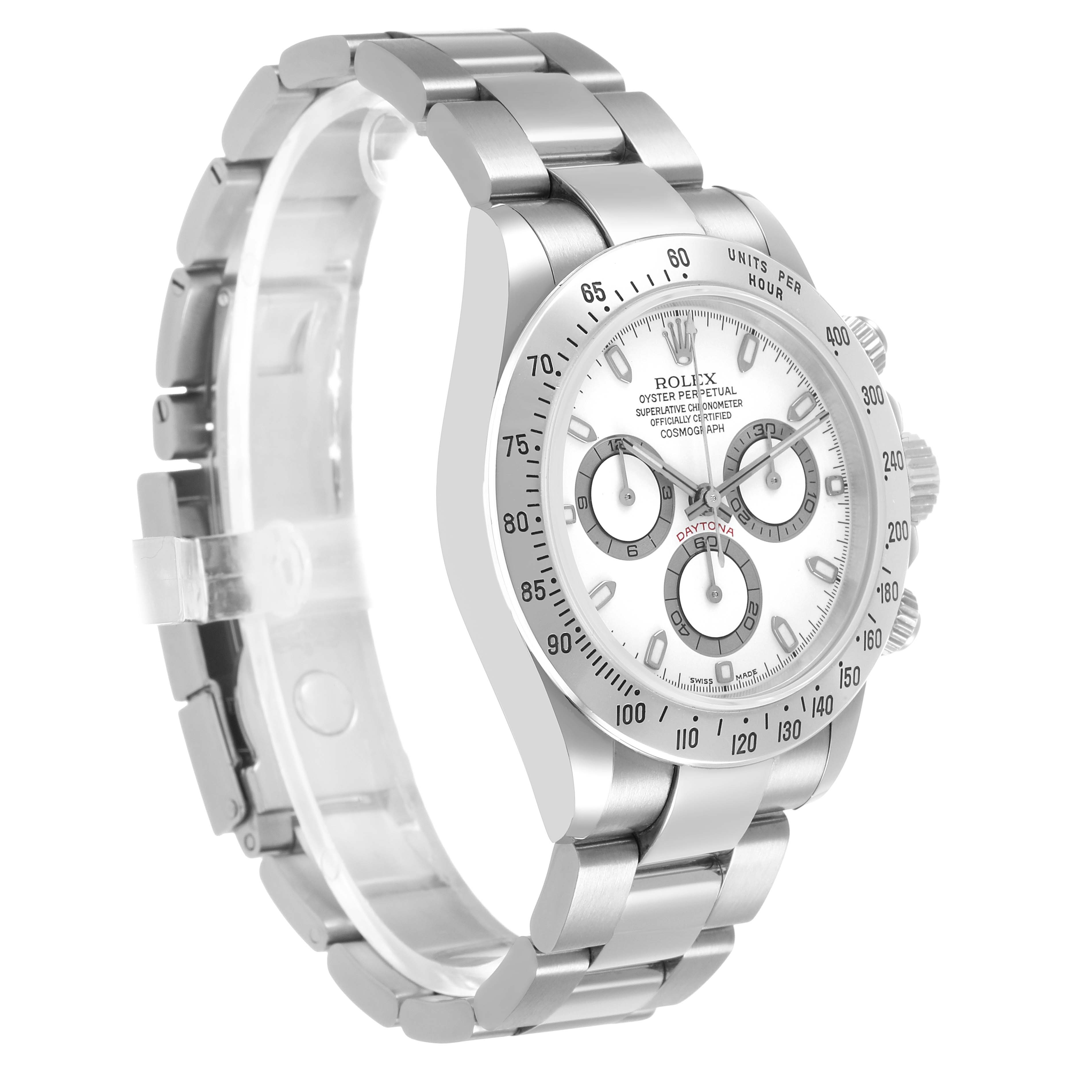 The Rolex Daytona 116520 Men's Stainless Steel White Dial is shown from a three-quarter angle, highlighting the watch face, bezel, crown, and bracelet.