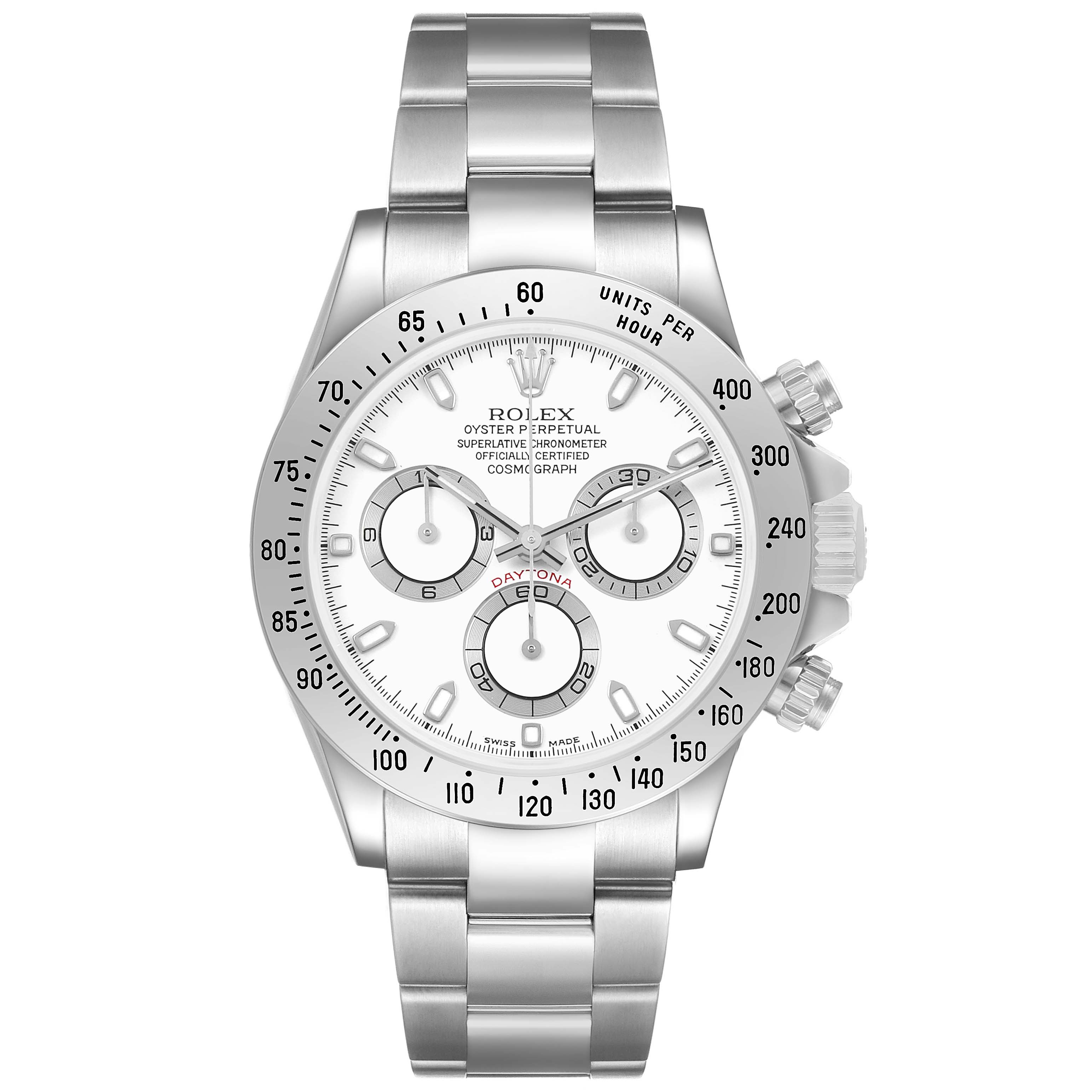 The image shows a front view of a Rolex Daytona 116520 Men's Stainless Steel White Dial watch, featuring a detailed dial, chronograph sub-dials, and a linked bracelet.
