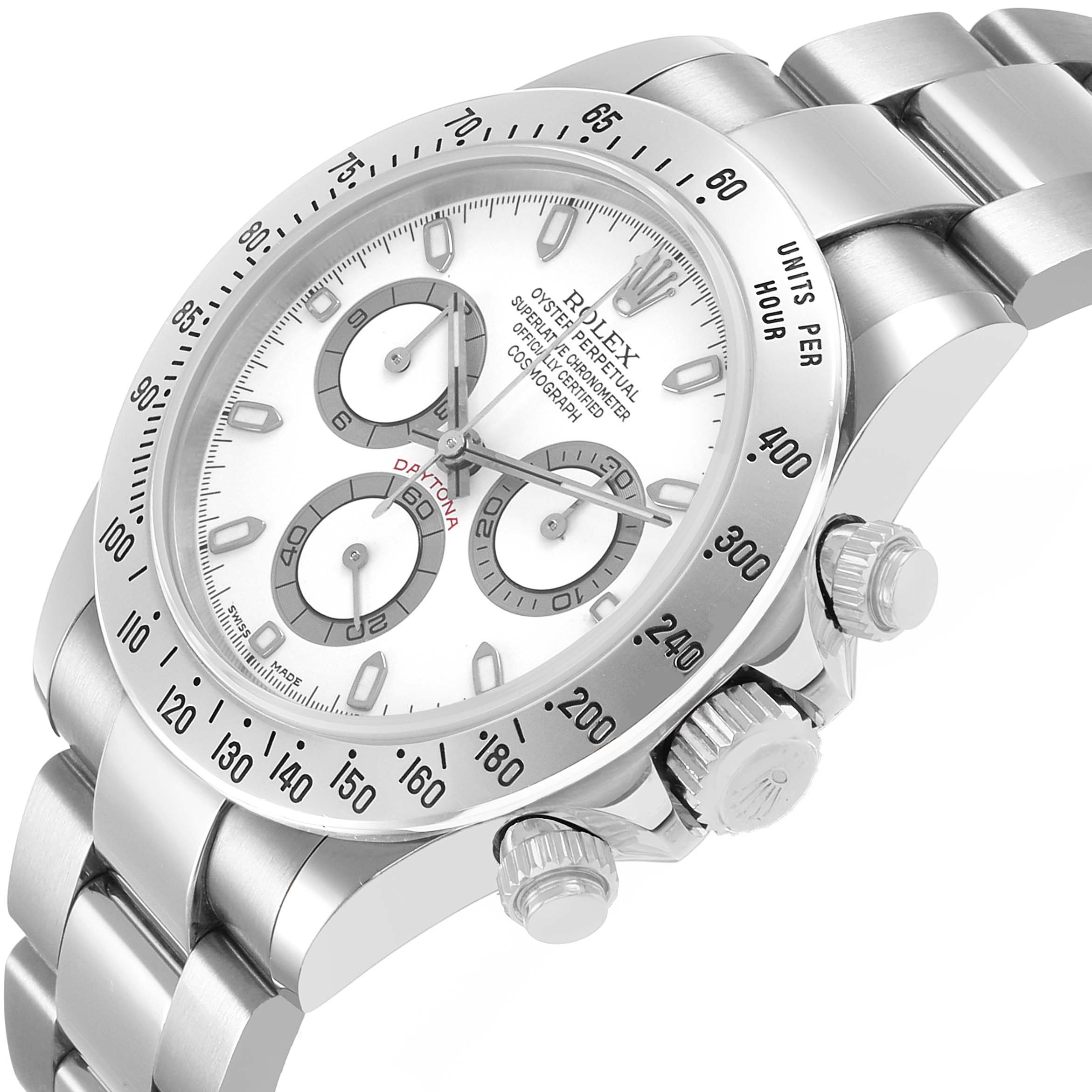 The Rolex Daytona 116520 Men's Stainless Steel White Dial watch is shown at an angled view displaying its face, chronograph sub-dials, bezel, and crown.