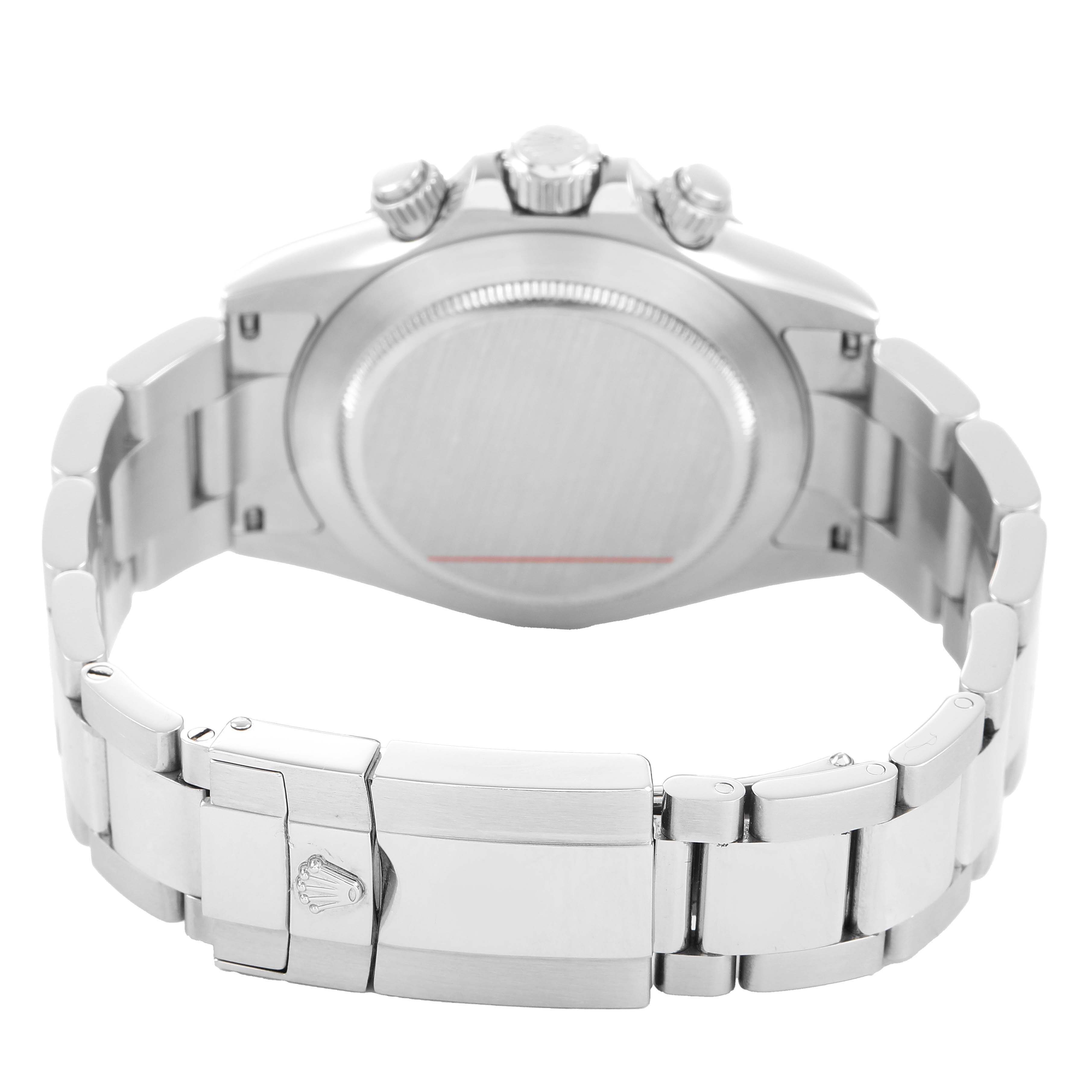 The image shows the back view of a Rolex Daytona 116520 Men's Stainless Steel White Dial, highlighting the case back, clasp, and bracelet.