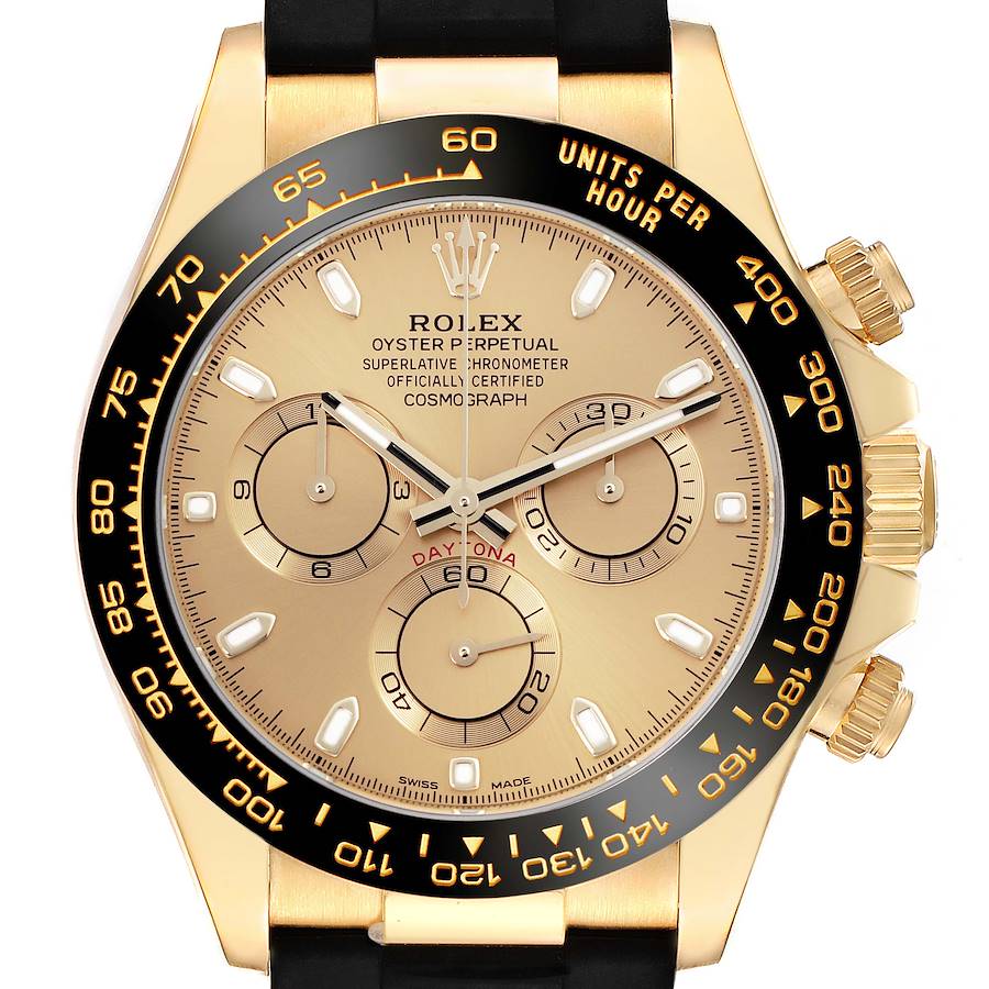 The Rolex Daytona watch is shown from the front, highlighting the gold dial, subdials, black bezel, and crown on the right.