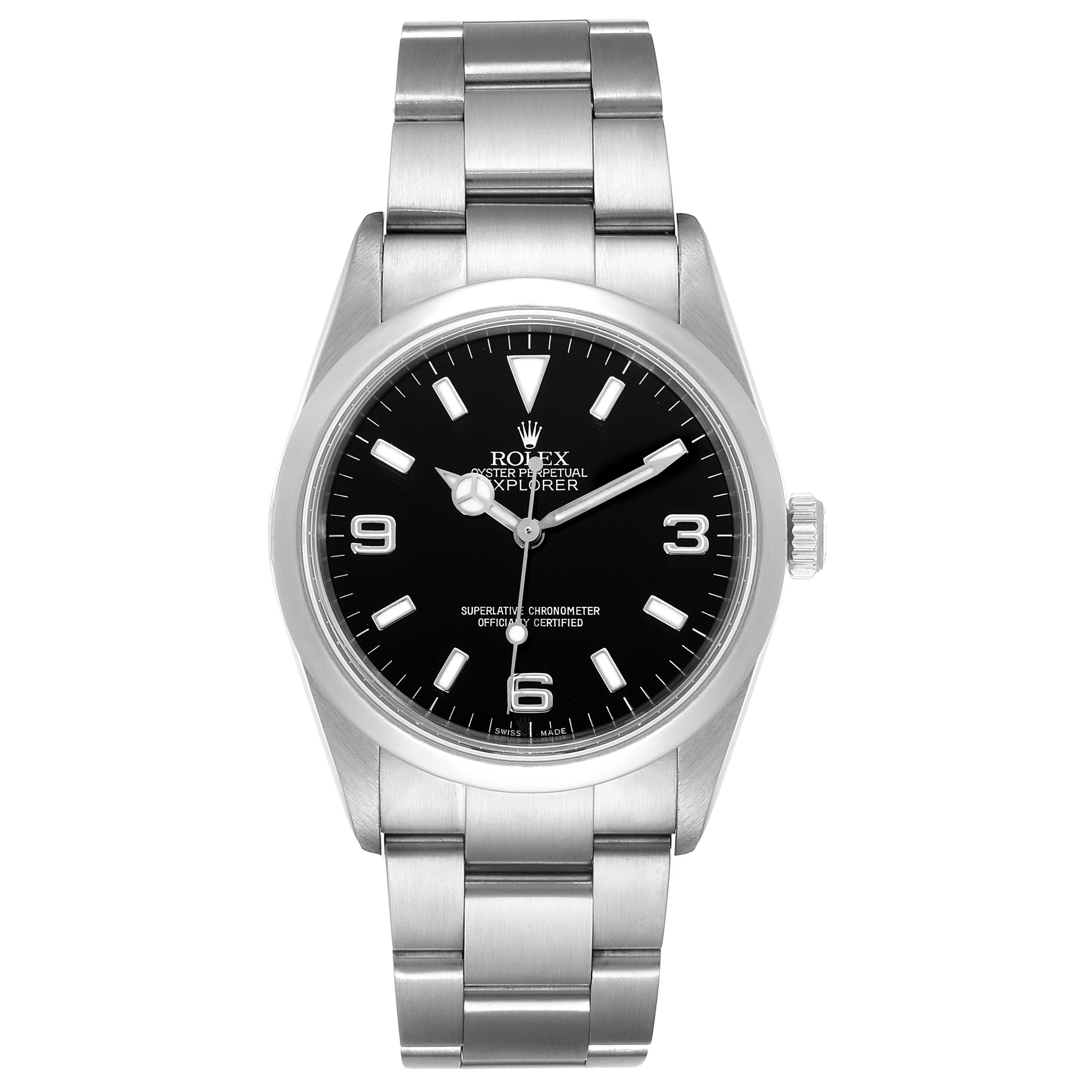 The image shows a front view of the Rolex Explorer 114270 Men's Stainless Steel Black Dial 114270 Men's Stainless Steel Black Dial watch, displaying the dial, hands, bezel, crown, and stainless steel bracelet.