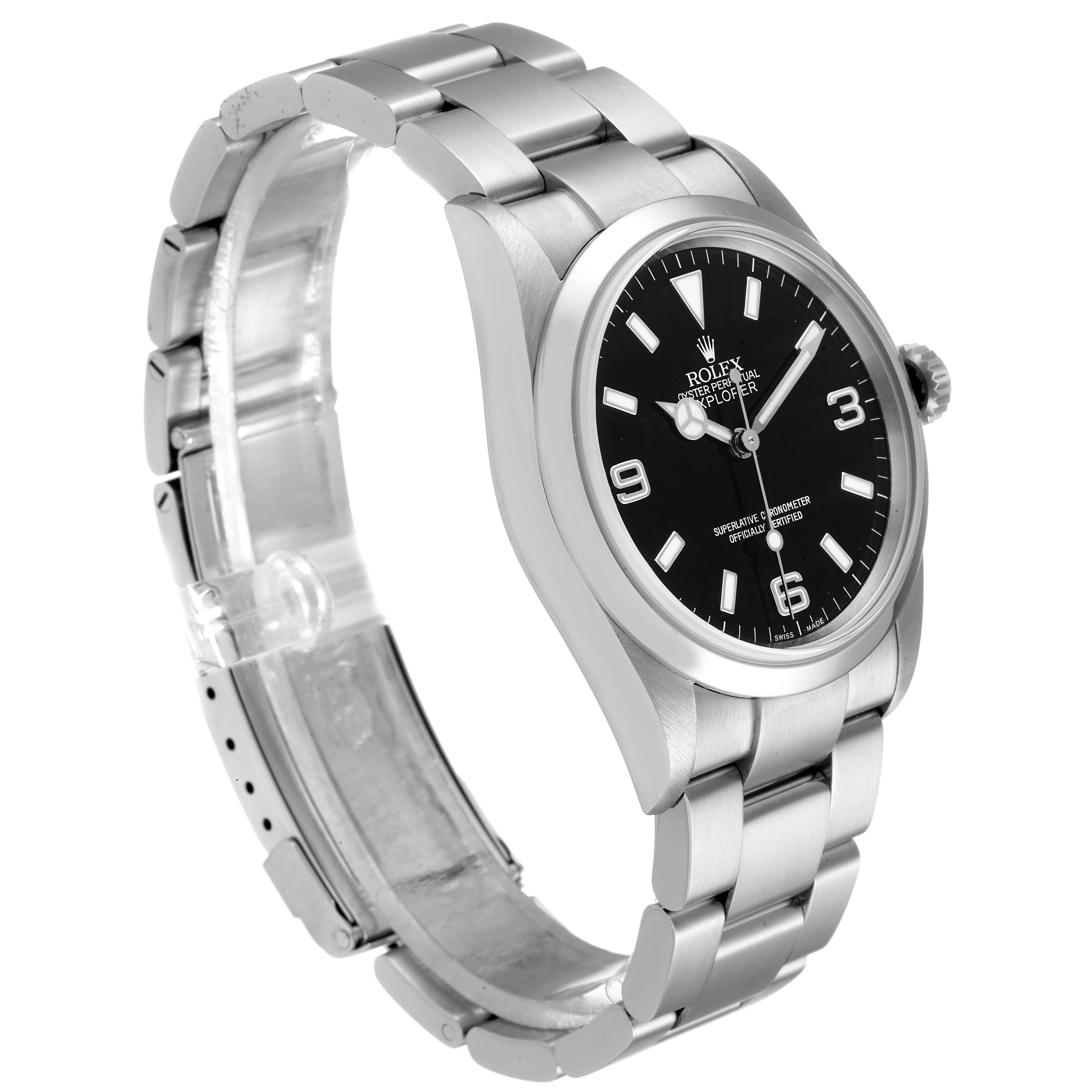The image shows a side angle of a Rolex Explorer 114270 Men's Stainless Steel Black Dial 114270 Men's Stainless Steel Black Dial watch, highlighting its black dial, steel bracelet, and case.