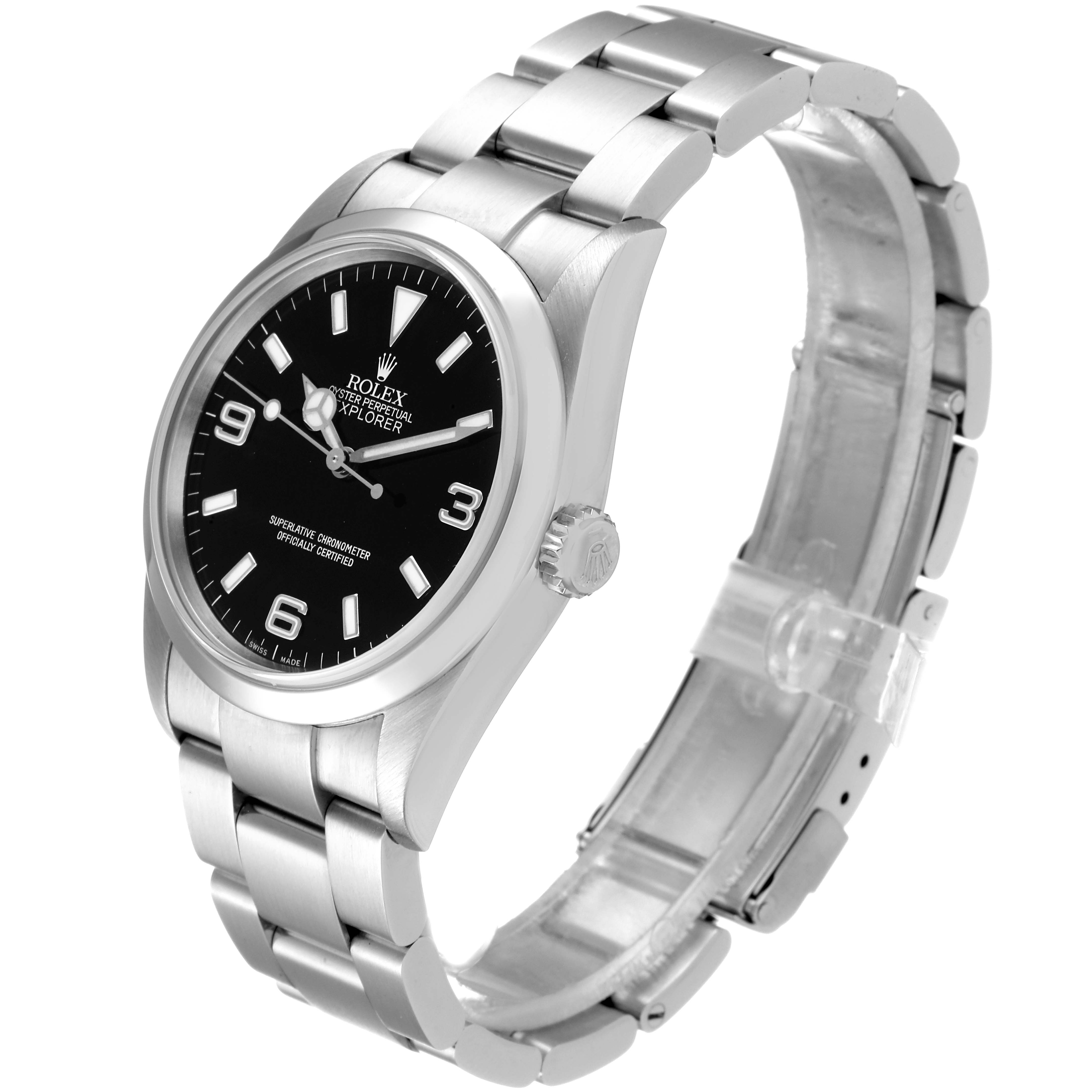 The image shows a side view of the Rolex Explorer 114270 Men's Stainless Steel Black Dial 114270 Men's Stainless Steel Black Dial watch, highlighting its bracelet, dial, and crown.