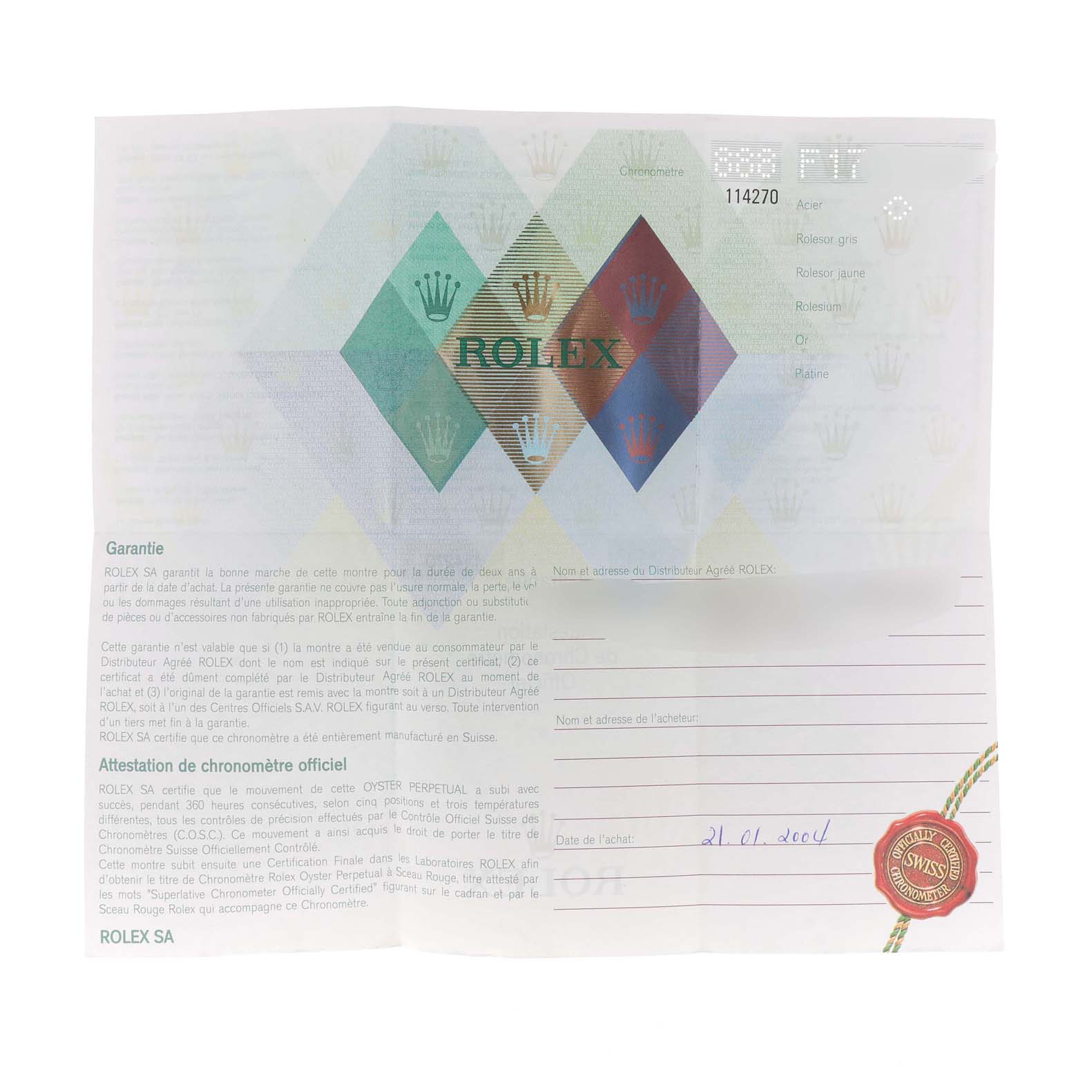 This image shows an official warranty document for the Rolex Explorer 114270 Men's Stainless Steel Black Dial 114270 Men's Stainless Steel Black Dial model, including details and the Rolex logo.