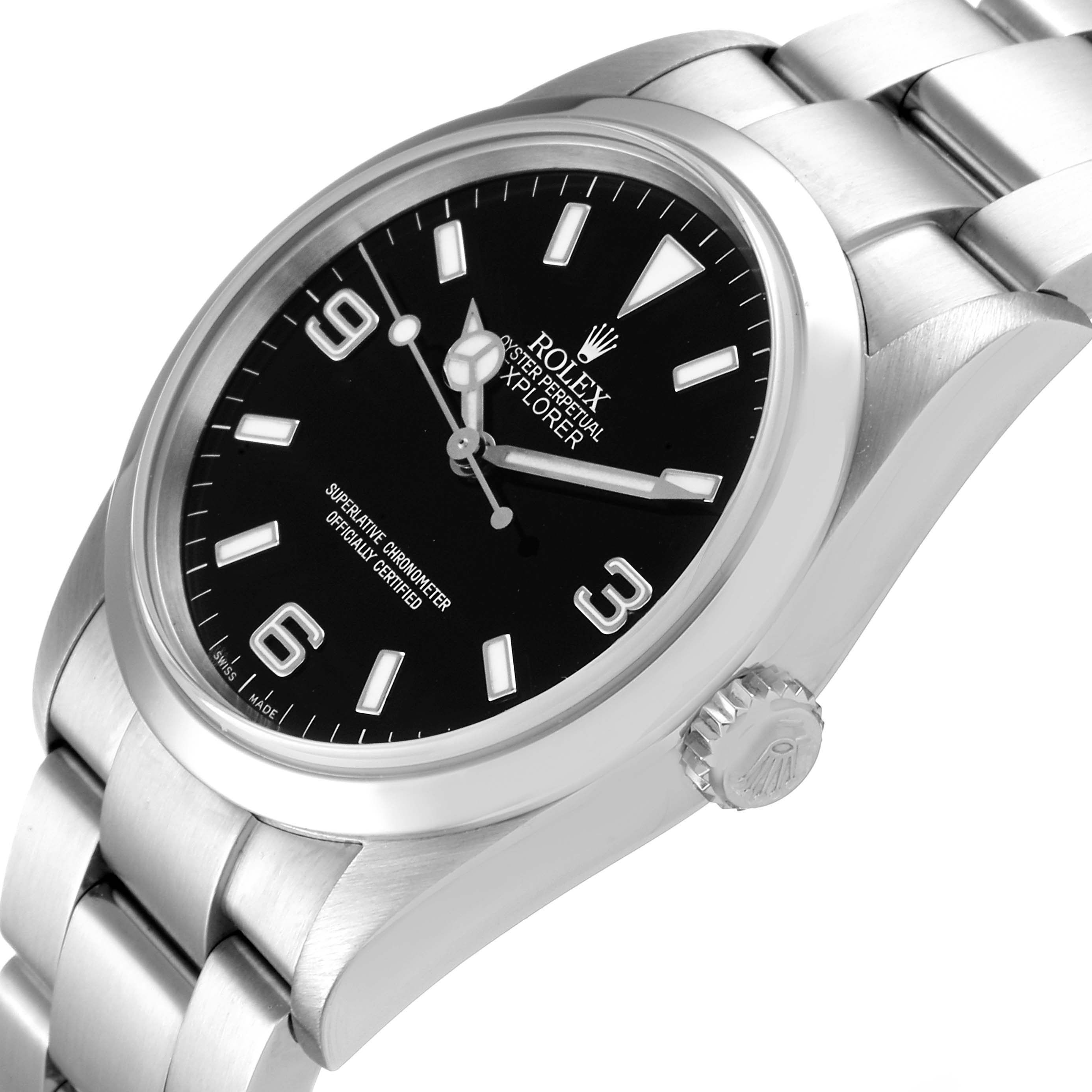 This image displays the Rolex Explorer 114270 Men's Stainless Steel Black Dial 114270 Men's Stainless Steel Black Dial model watch from a side angle, highlighting its dial, bezel, crown, and part of the bracelet.