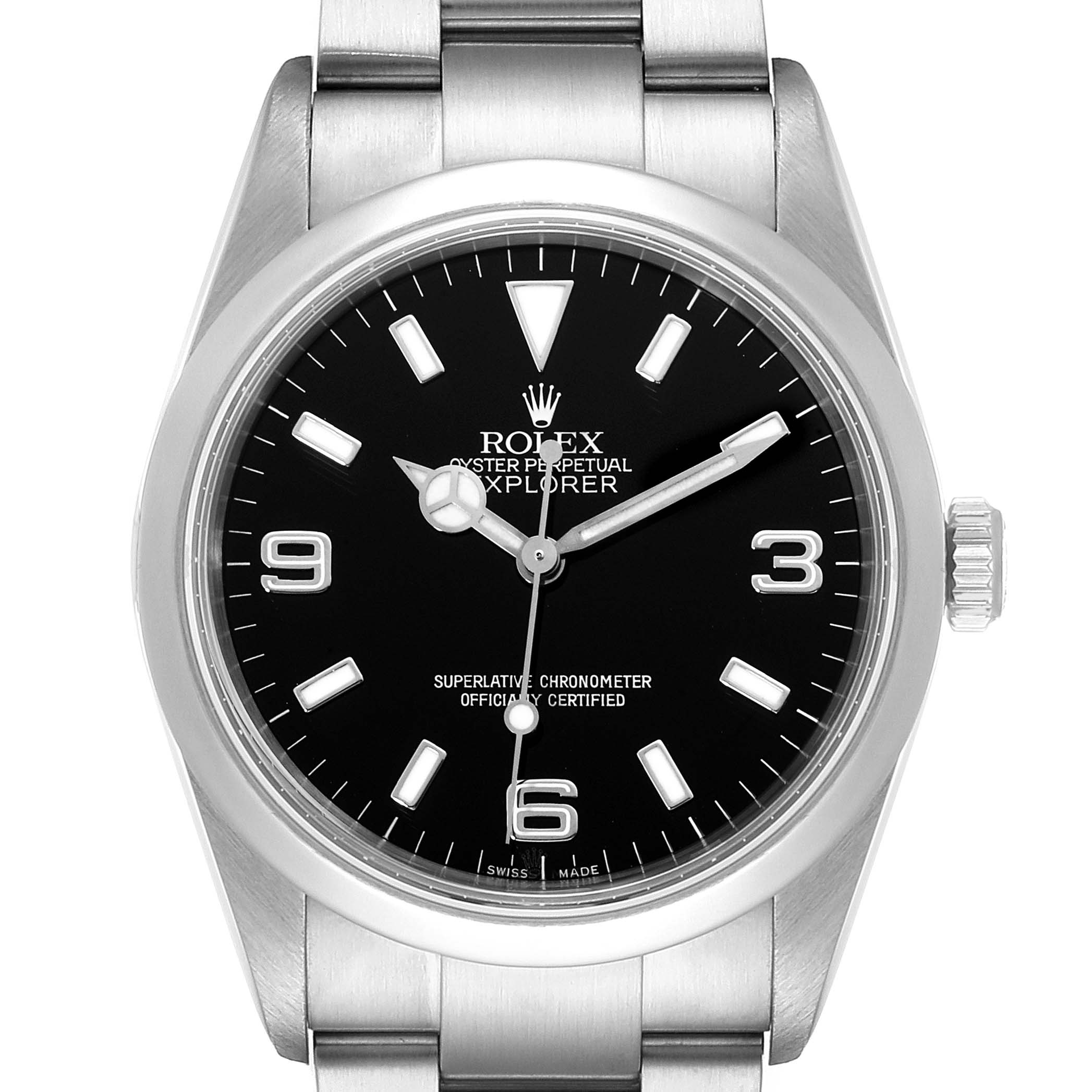 The image shows a front view of a Rolex Explorer 114270 Men's Stainless Steel Black Dial 114270 Men's Stainless Steel Black Dial watch, displaying its black dial, hour markers, hands, and stainless steel band.