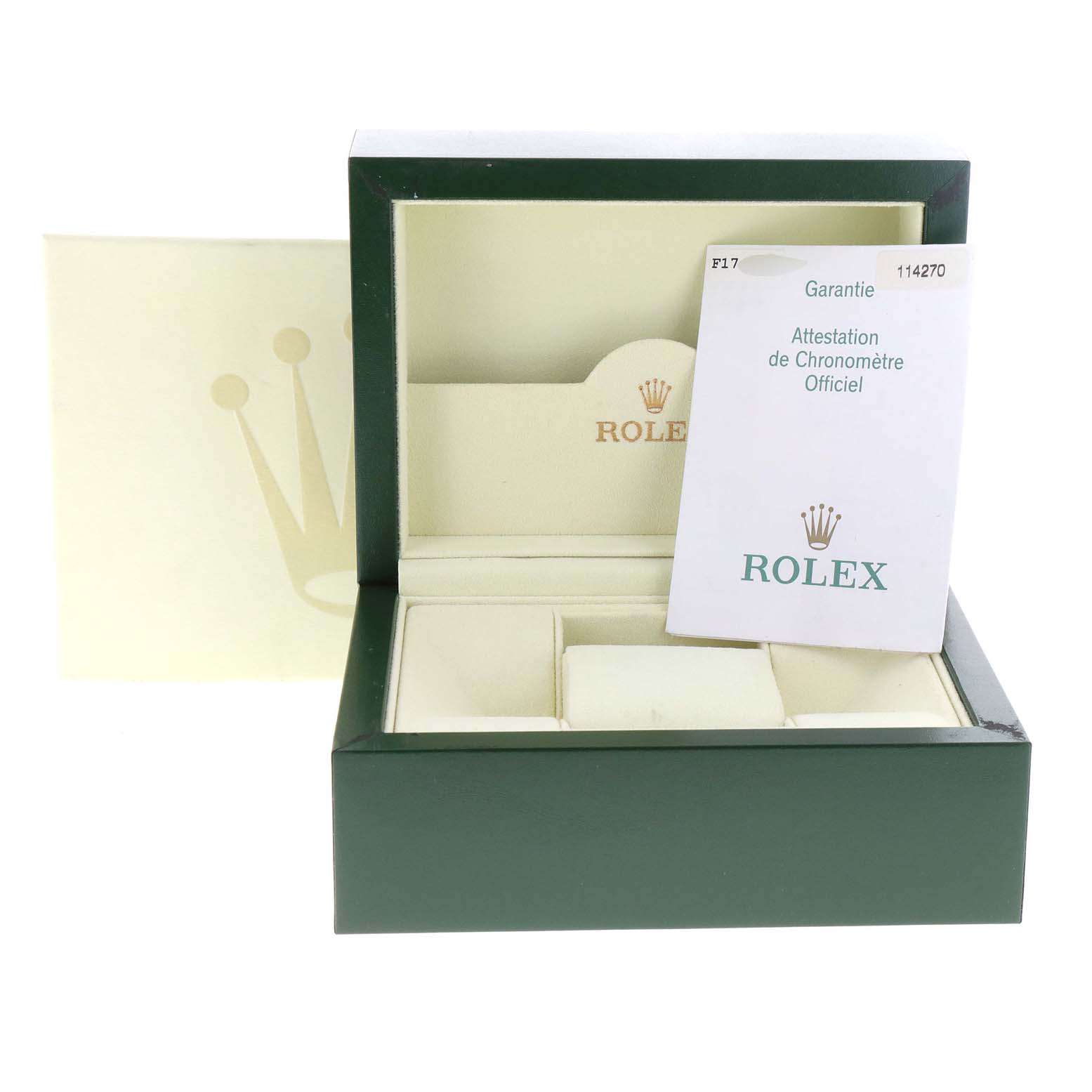 The image shows a green Rolex Explorer 114270 Men's Stainless Steel Black Dial 114270 Men's Stainless Steel Black Dial watch box and a warranty card, viewed from the front angle.