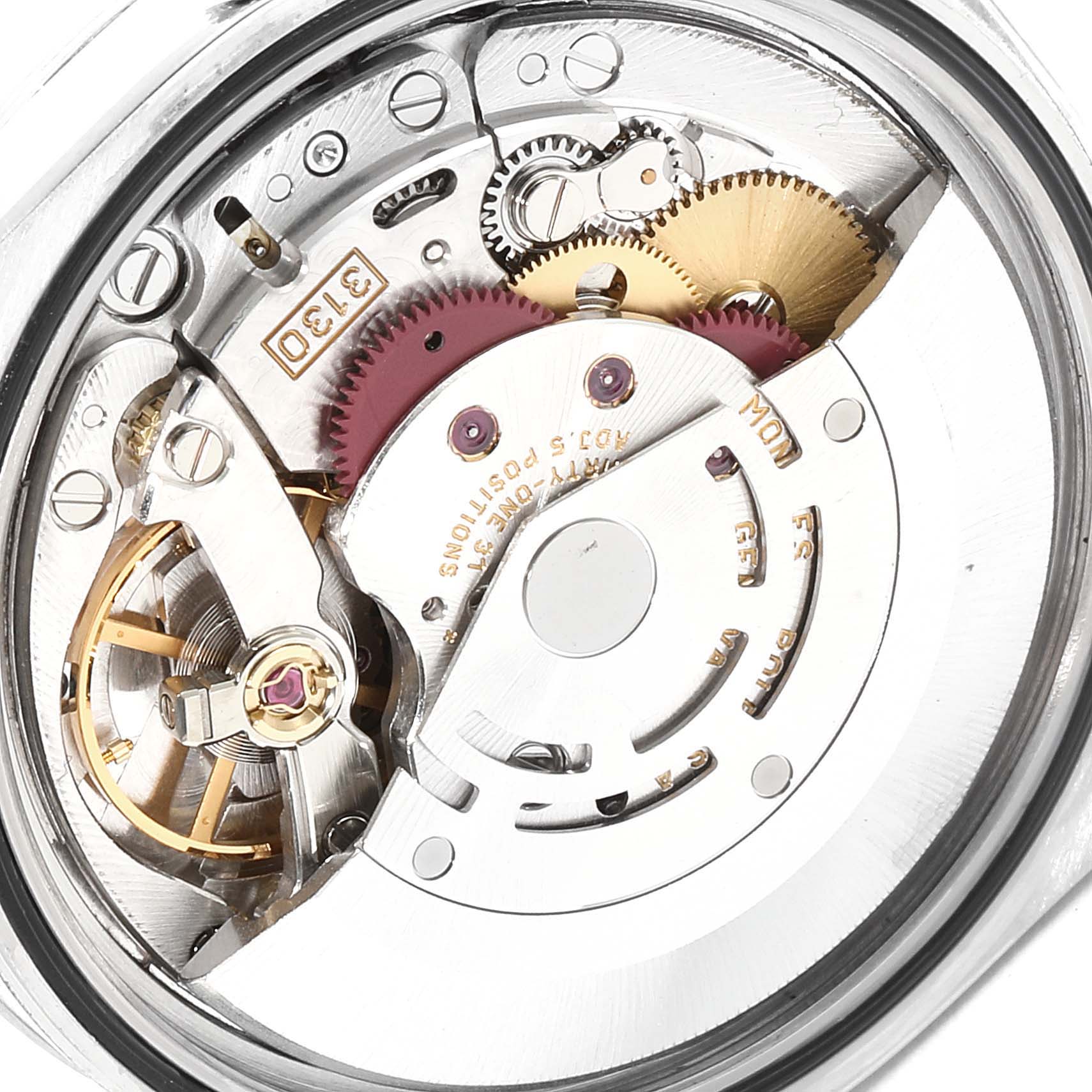 This image shows the internal mechanical components of a Rolex Explorer 114270 Men's Stainless Steel Black Dial 114270 Men's Stainless Steel Black Dial watch, highlighting the gears and movement parts.