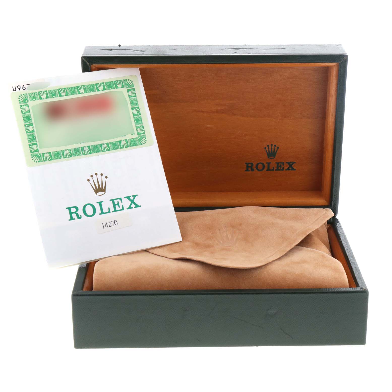 The image shows the open box of a Rolex Explorer 14270 Men
s Stainless Steel Black Dial 14270 Men
s Stainless Steel Black Dial, model 14270, with a certificate and a suede pouch inside.