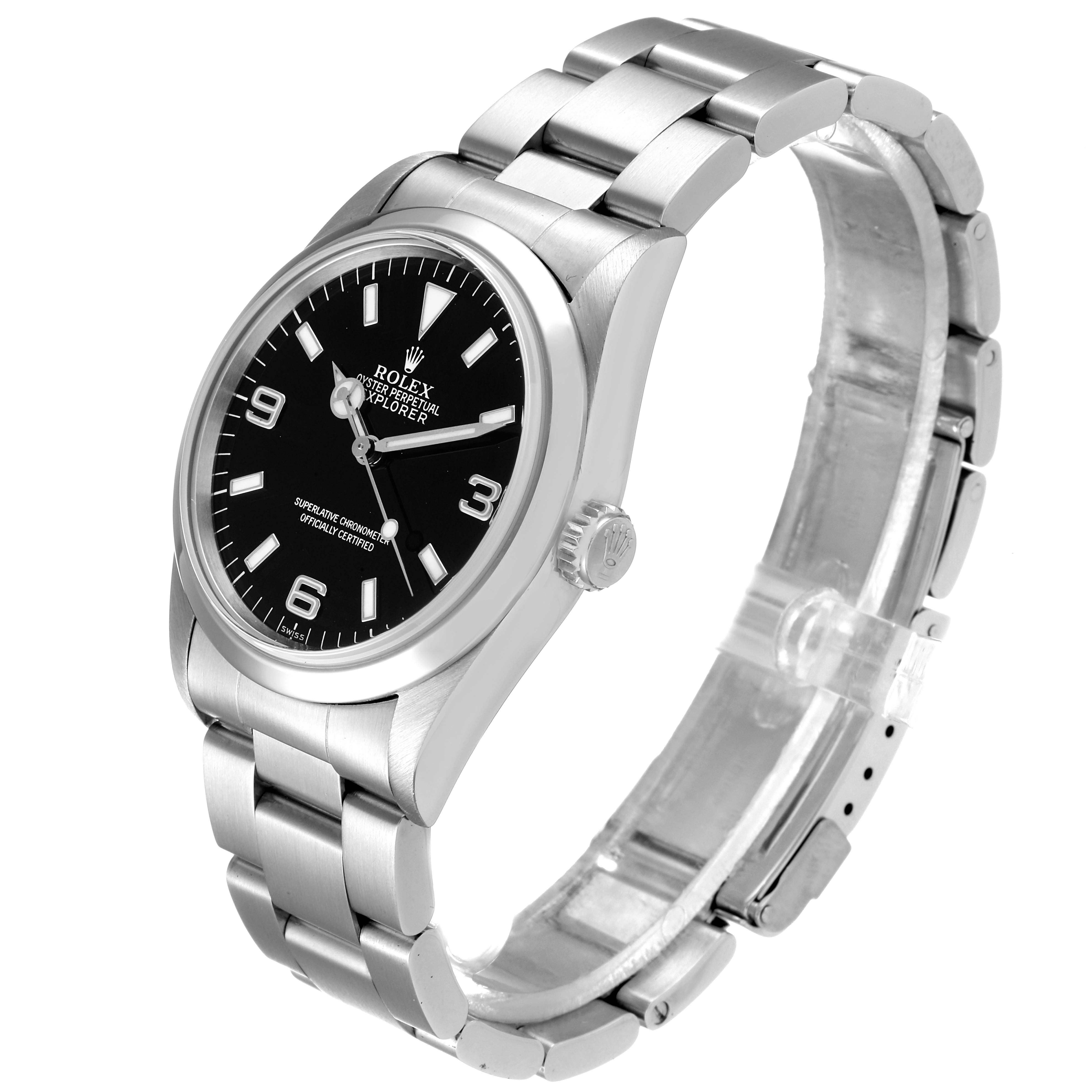 The Rolex Explorer 14270 Men
s Stainless Steel Black Dial 14270 Men
s Stainless Steel Black Dial watch is shown at an angled side view, displaying the face, crown, and bracelet.