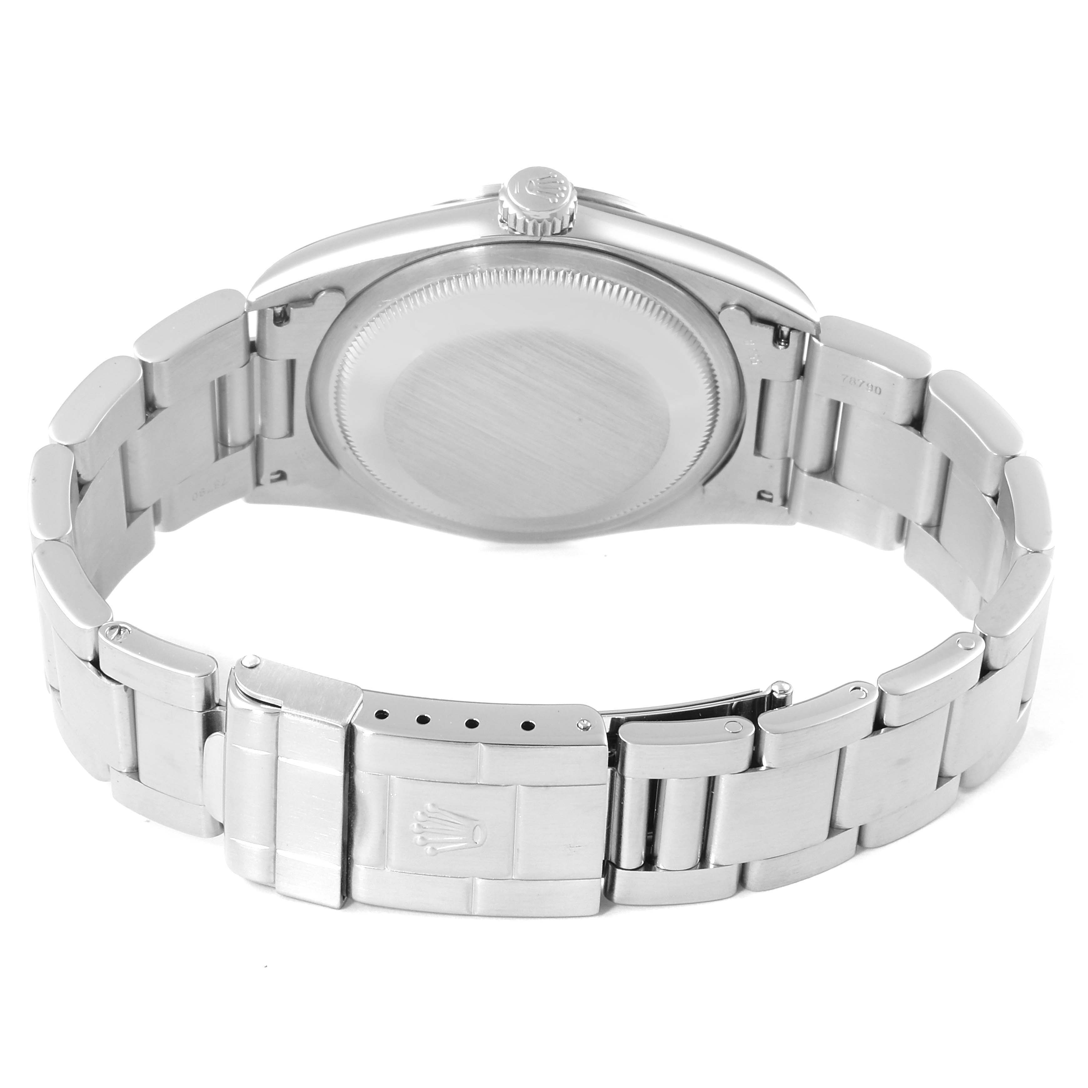 The image shows the back case and bracelet of a Rolex Explorer 14270 Men
s Stainless Steel Black Dial 14270 Men
s Stainless Steel Black Dial watch.