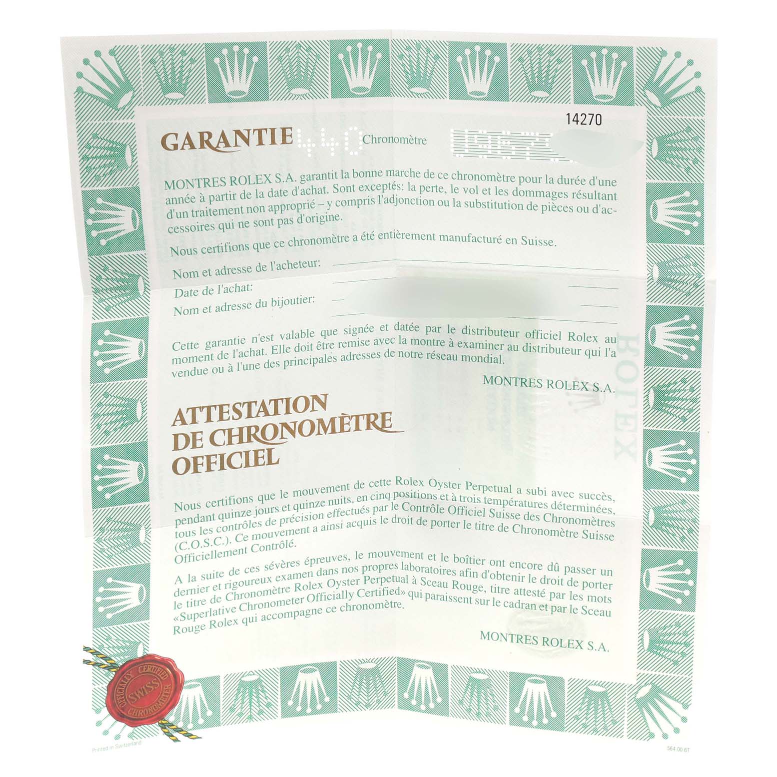 This image shows the warranty card for a Rolex Explorer 14270 Men
s Stainless Steel Black Dial 14270 Men
s Stainless Steel Black Dial model, including the branding and chronometer certification.