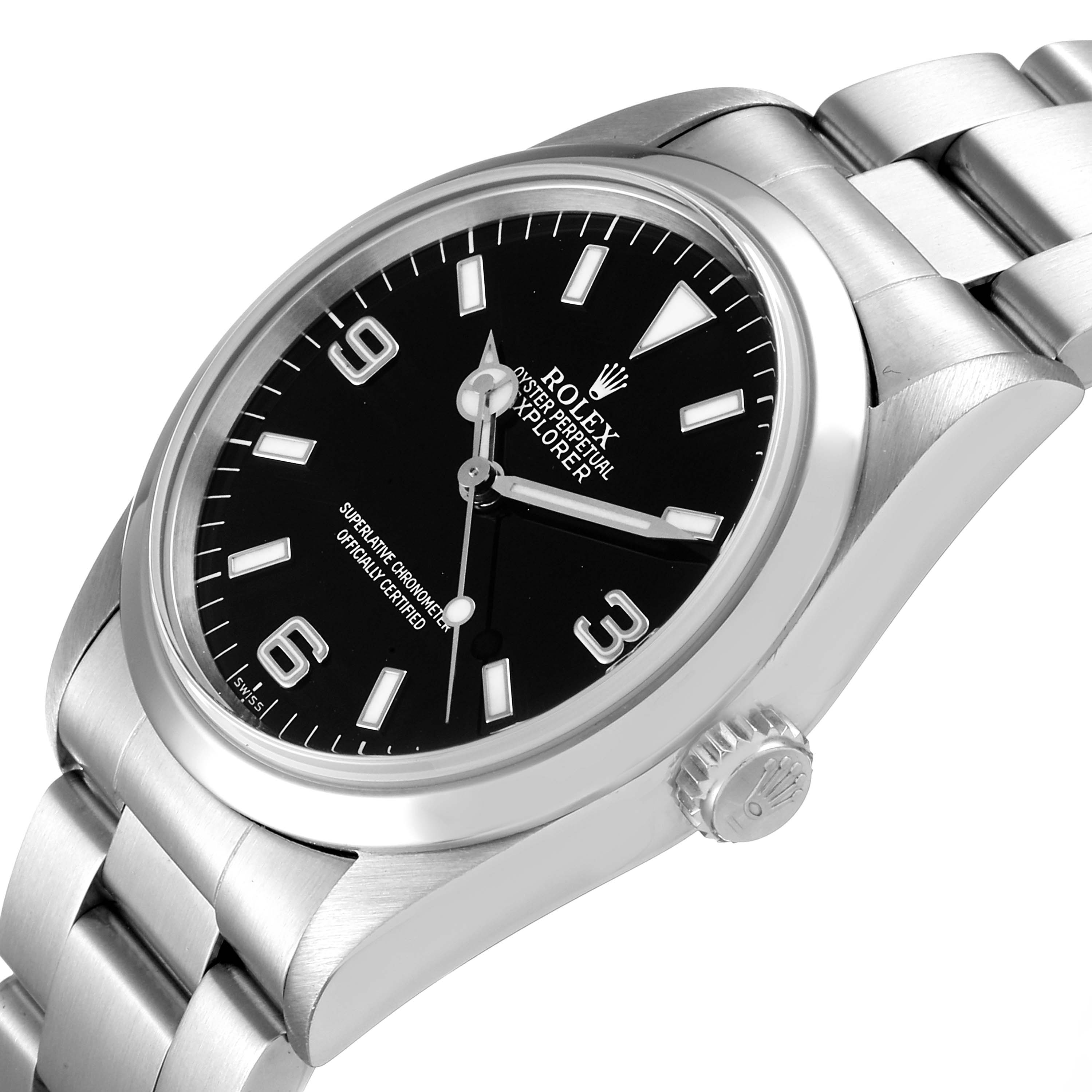 The Rolex Explorer 14270 Men
s Stainless Steel Black Dial 14270 Men
s Stainless Steel Black Dial watch is shown at an angle displaying the face, bezel, crown, and part of the bracelet.